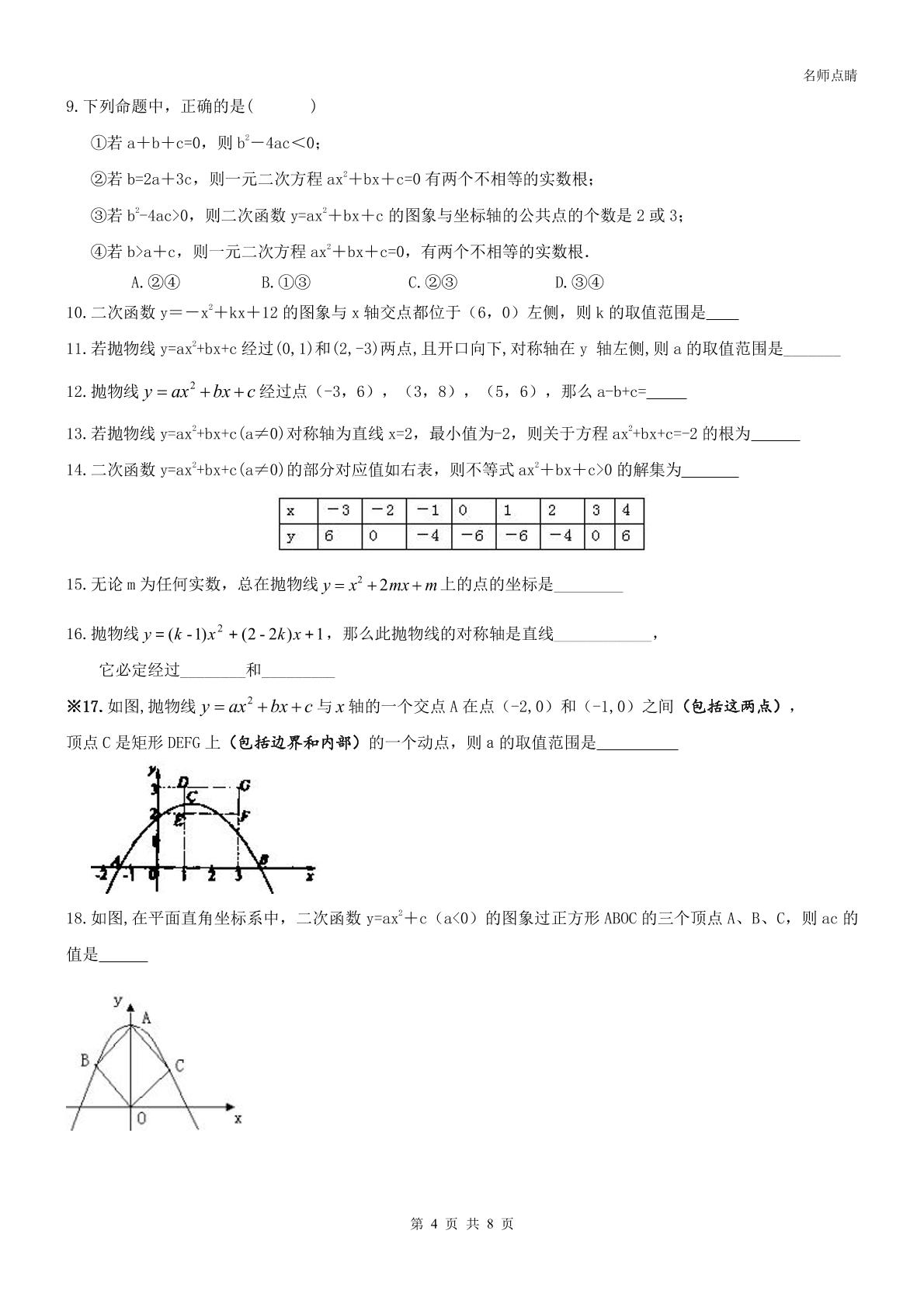 【名师点睛】天津市南开区2016九年级数学上册同步提高讲义+同步测试--二次函数章节复习题 无答案（PDF版）