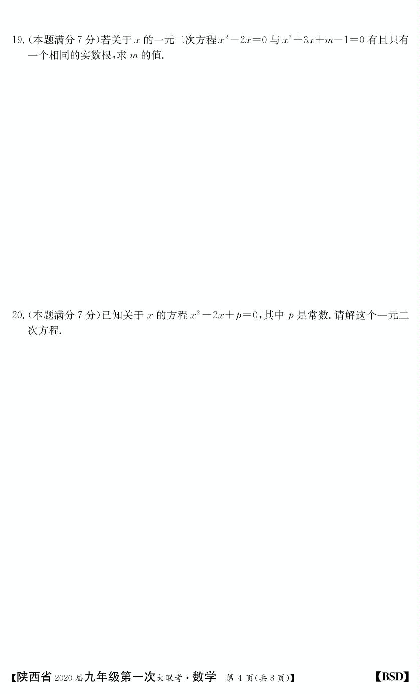 陕西省2020届九年级上学期第一次大联考数学试题(PDF版，无答案）