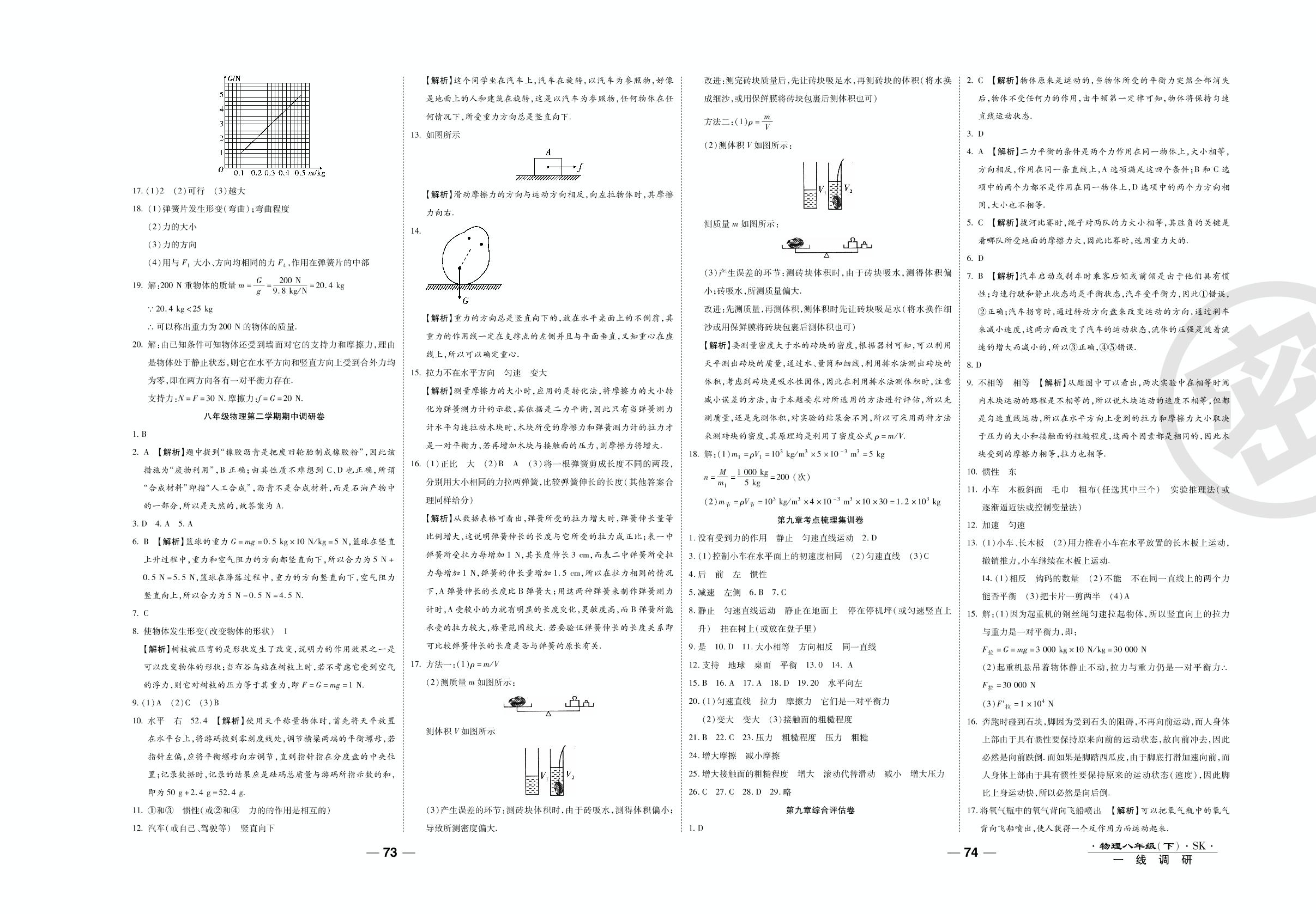 第七章考点梳理集训卷-2020-2021学年八年级下册初二物理89所名校名师【一线调研卷】（苏科版）