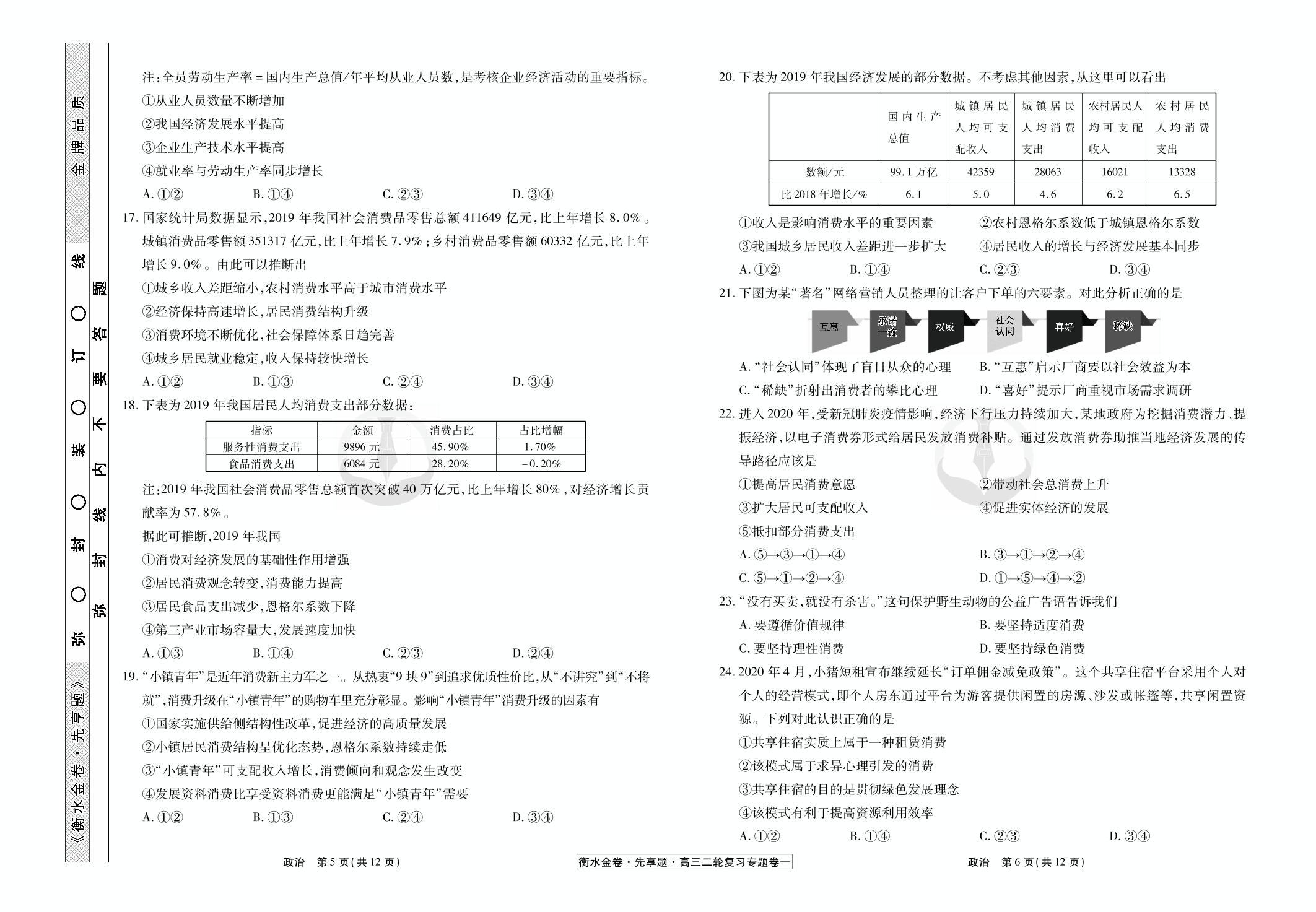 1 货币、价格与消费-【衡水金卷·先享题】2021高三二轮复习专题卷政治 老高考