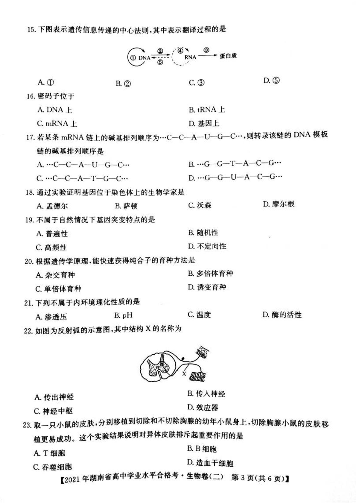 2021年湖南省普通高中学业水平合格性考试模拟卷二  生物