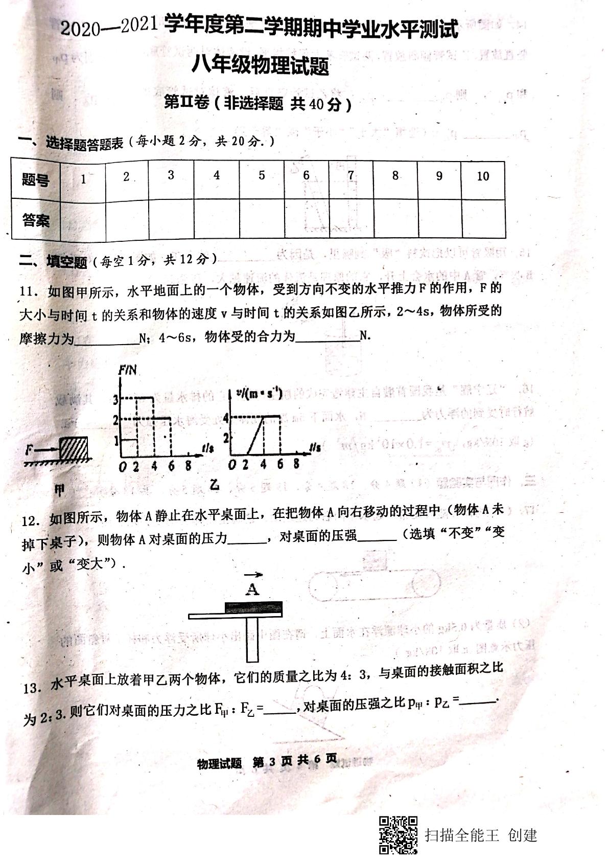 山东省济宁市嘉祥县2020-2021学年八年级下学期期中考试物理试题
