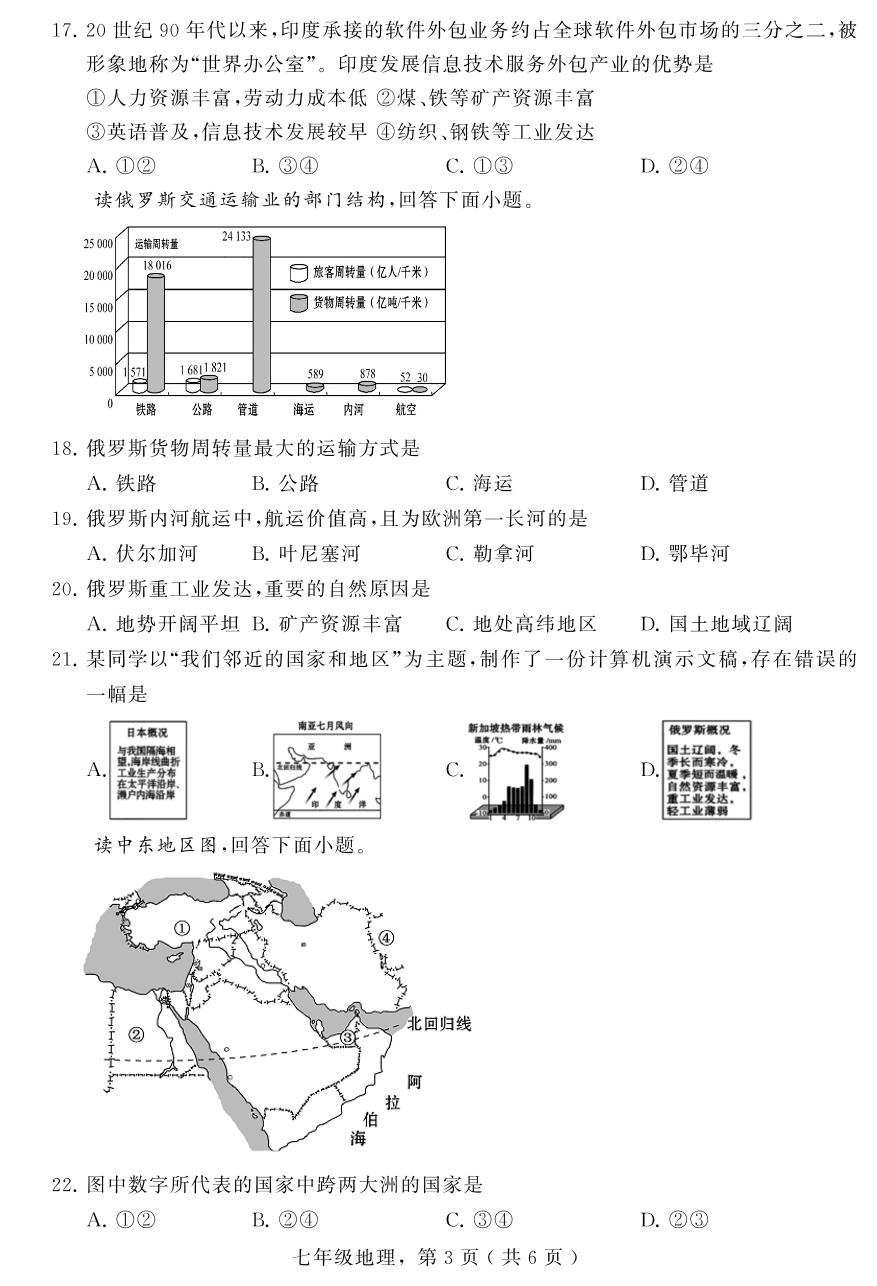 河北省石家庄市栾城区2020-2021学年七年级下学期期中考试地理试题