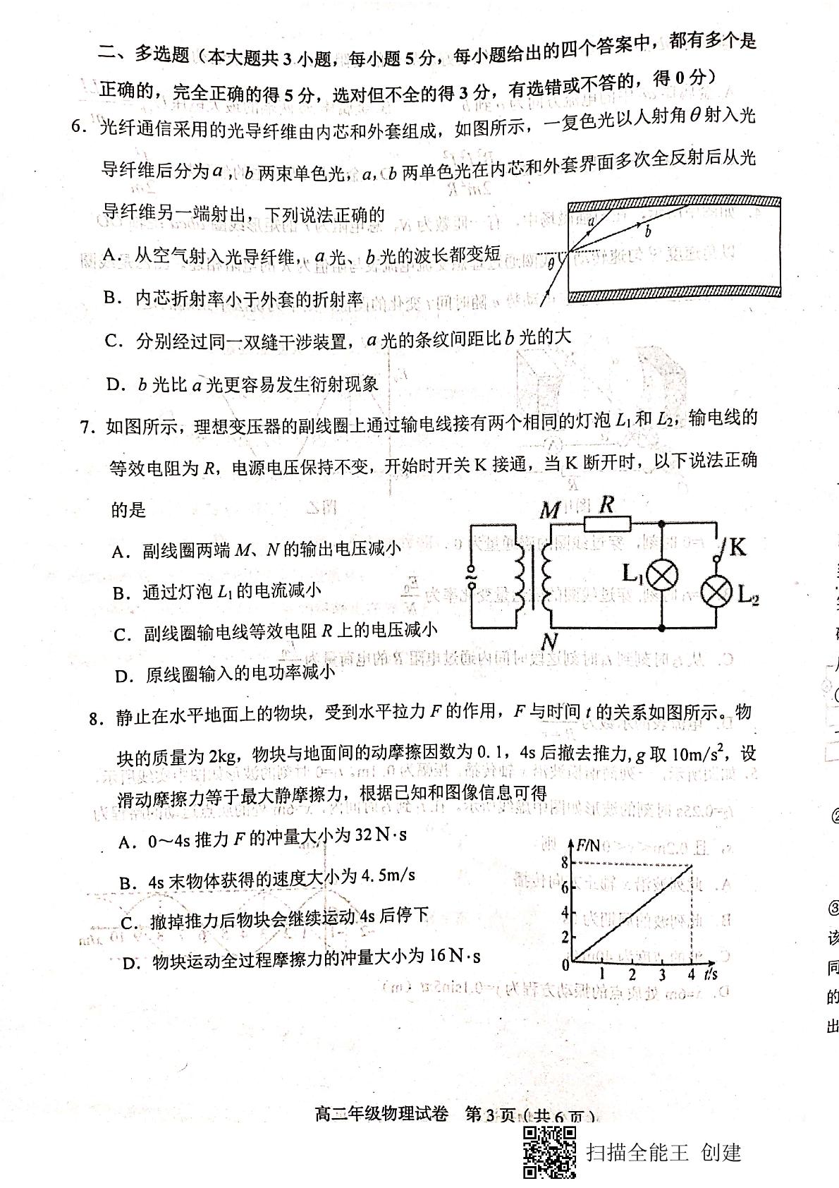 天津市和平区2020-2021学年高二下学期期末考试物理试题（扫描版，无答案）