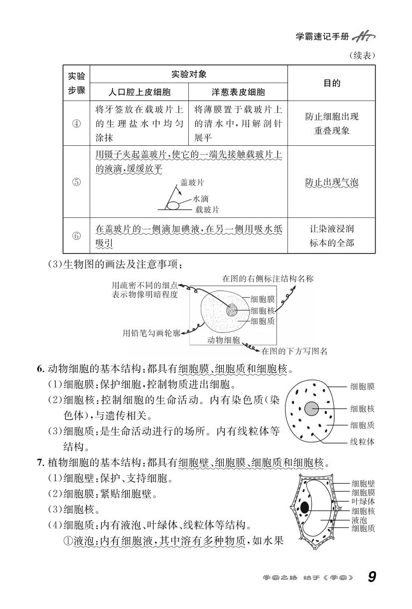 第3章 细胞（速记手册）-2021-2022学年七年级上册初一生物【学霸智慧课堂】(北师大版)