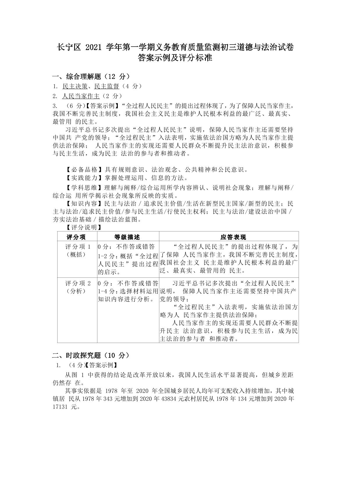 上海市长宁区2021-2022学年九年级上学期期末教学质量监测（一模）道德与法治试题