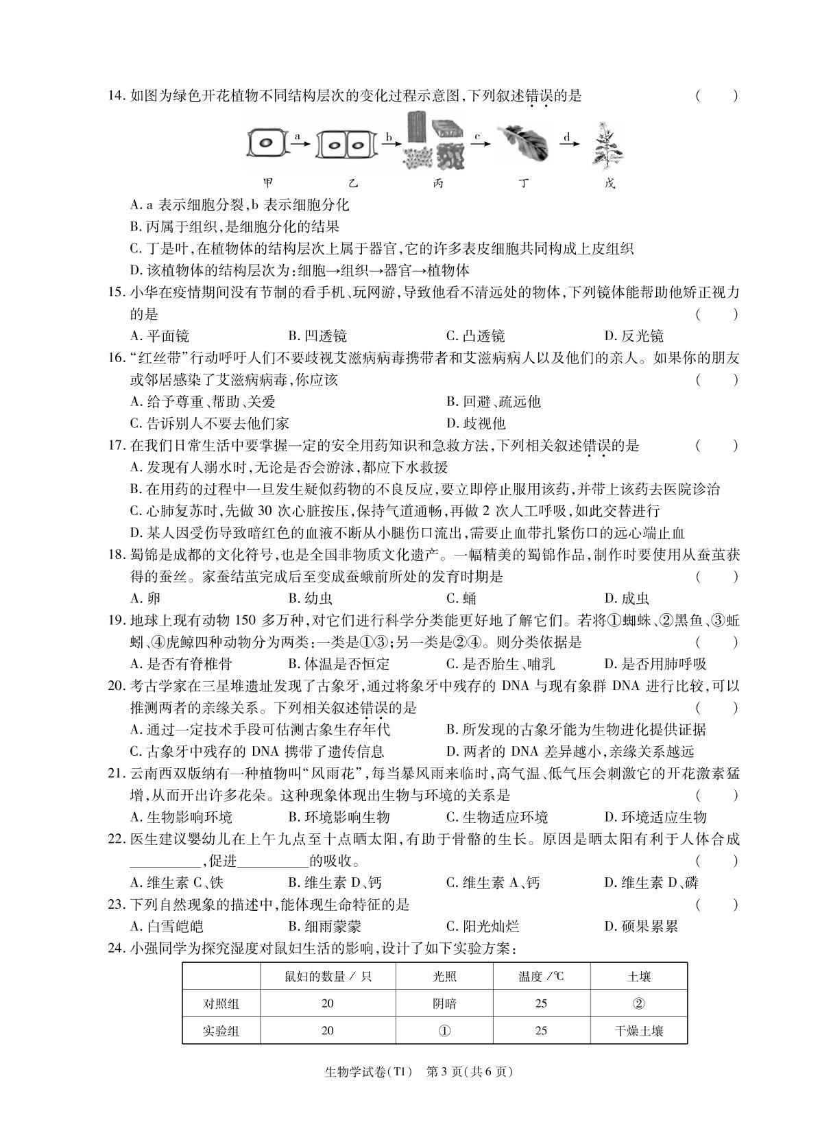 2022年陕西省宝鸡市陇县中考一模生物试题