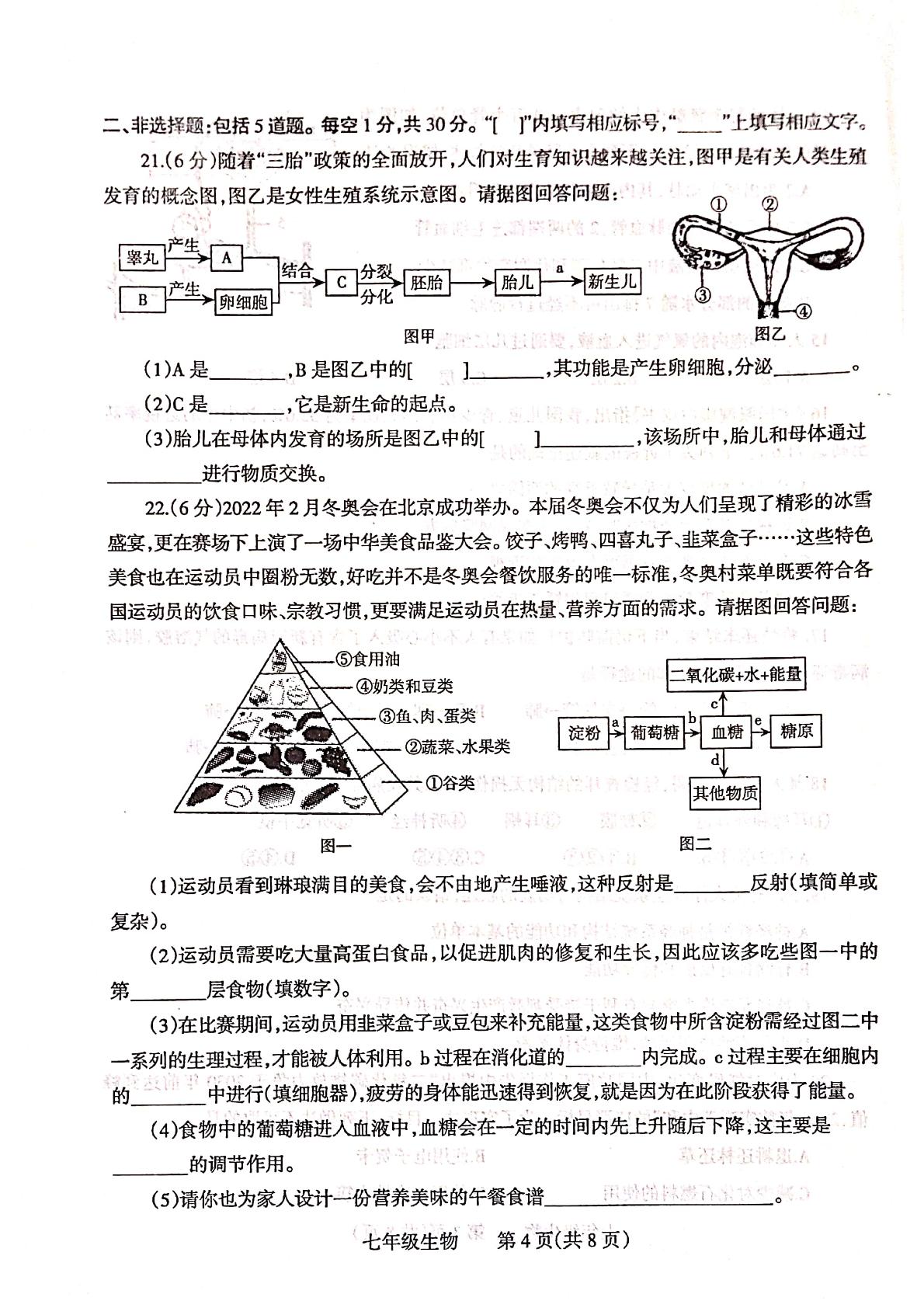 河南省焦作市温县黄庄镇第一初级中学2021-2022学年七年级下学期期末抽测生物试卷