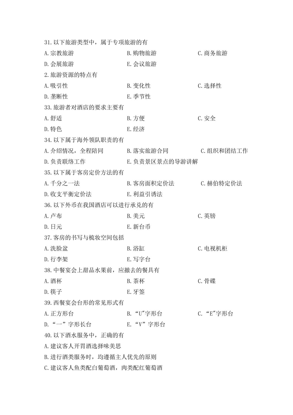 【旅游类】2020年湖南省普通高等学校对口招生考试专业综合知识试题（含答案）