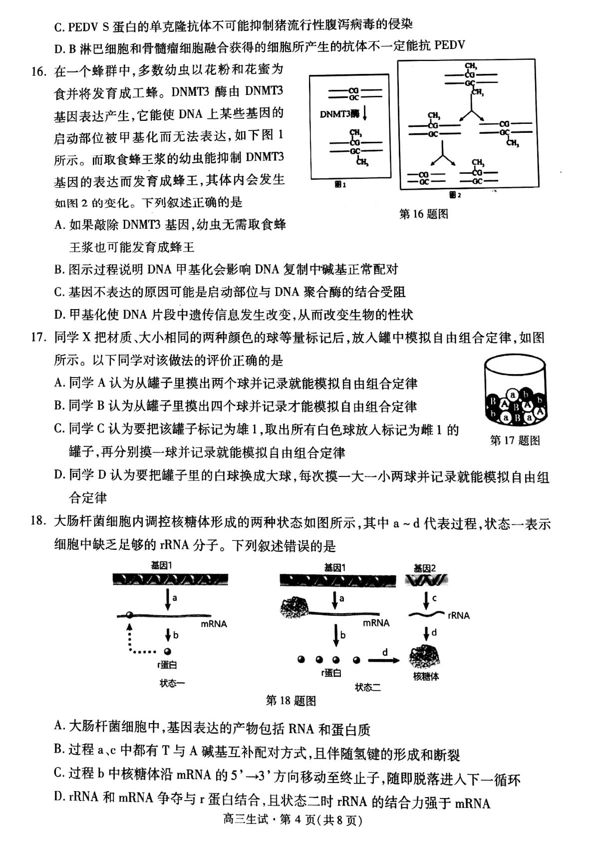 2022届浙江省杭州市高三一模生物试题