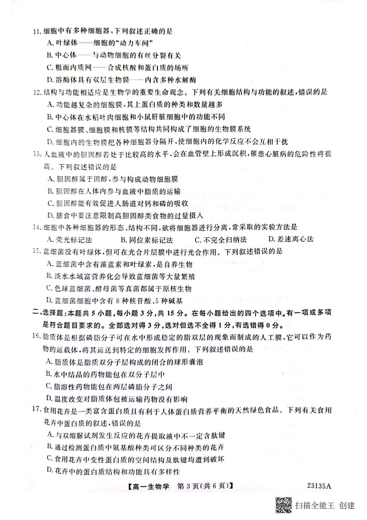 广西壮族自治区玉林市第十一中学2022-2023学年高一上学期11月期中生物试题