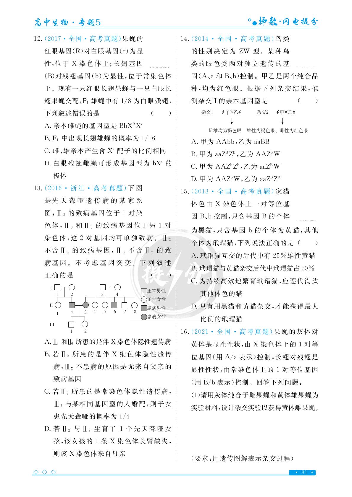 专题5 考点3 基因在染色体上与伴性遗传-【择数·高考闪电提分】2023高考生物基础必刷1000题