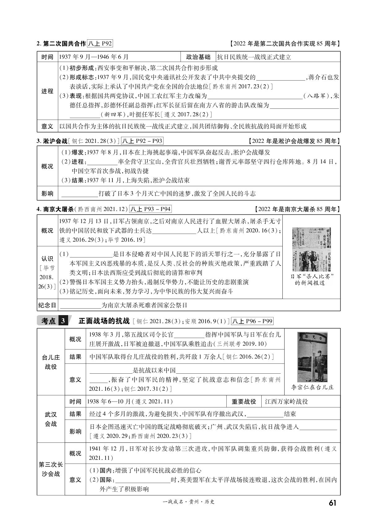 模块二 第六单元 中华民族的抗日战争（精讲册）-【一战成名】2022贵州中考历史考前新方案中考总复习