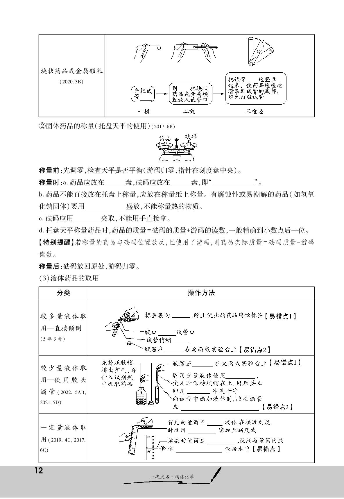 核心知识2 化学仪器和基本实验操作（基础知识训练册）-【一战成名】2023福建中考化学考前新方案中考总复习