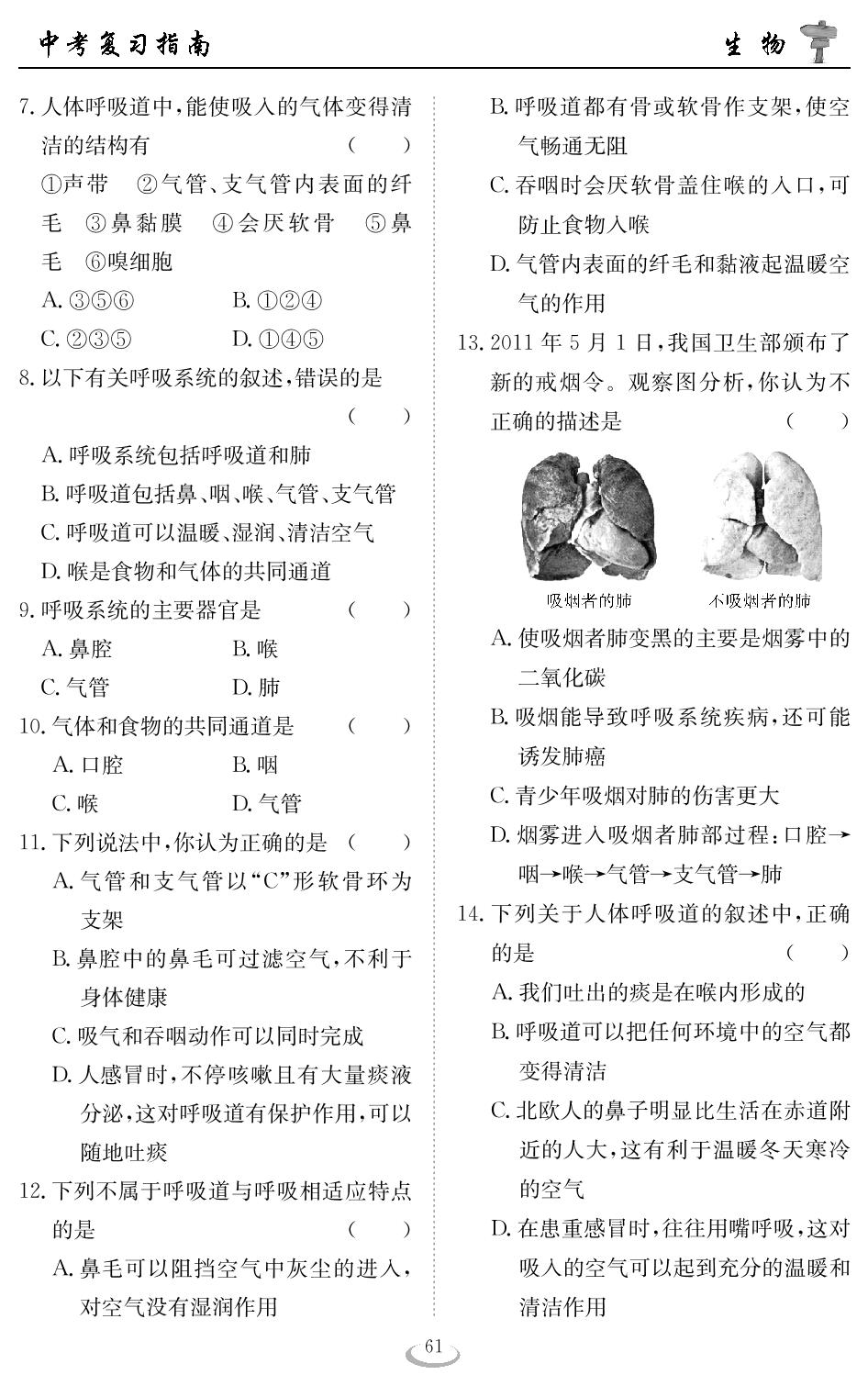 第六章 人体的呼吸 - 2023中考生物复习指南（黄石专用）
