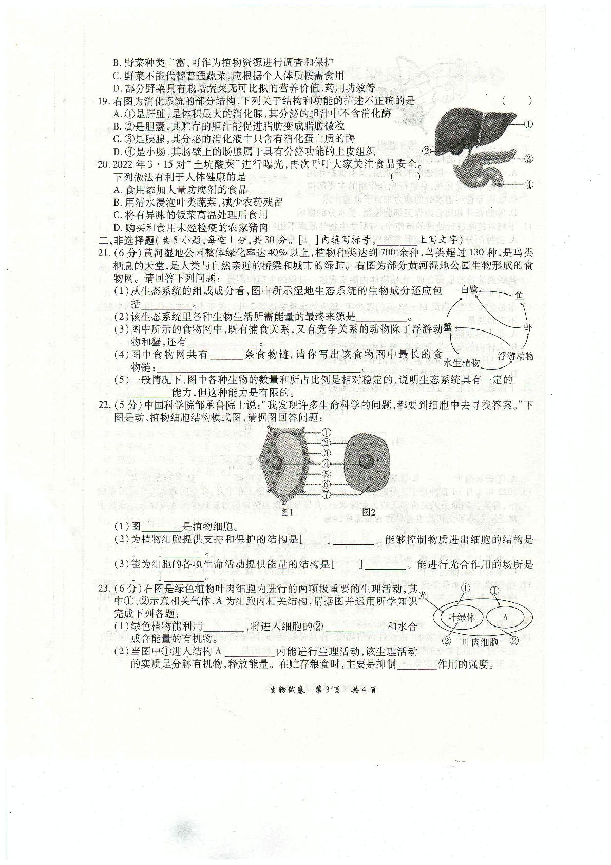 河南省信阳市平桥区信钢学校等5校2022-2023学年七年级下学期3月月考生物试题