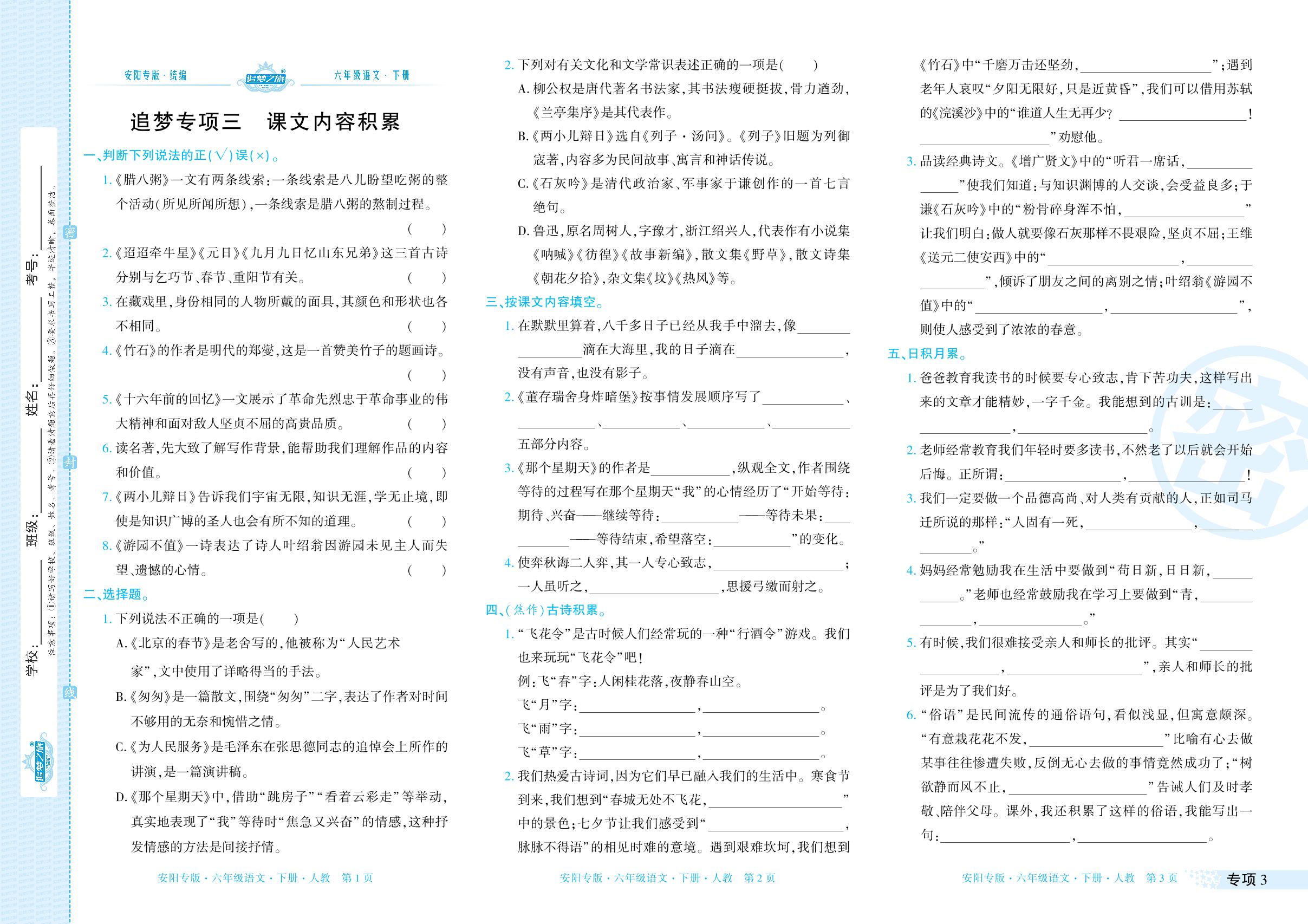 追梦专项训练-【追梦之旅·期末真题篇】2022-2023学年六年级语文下册（部编版 安阳专用）