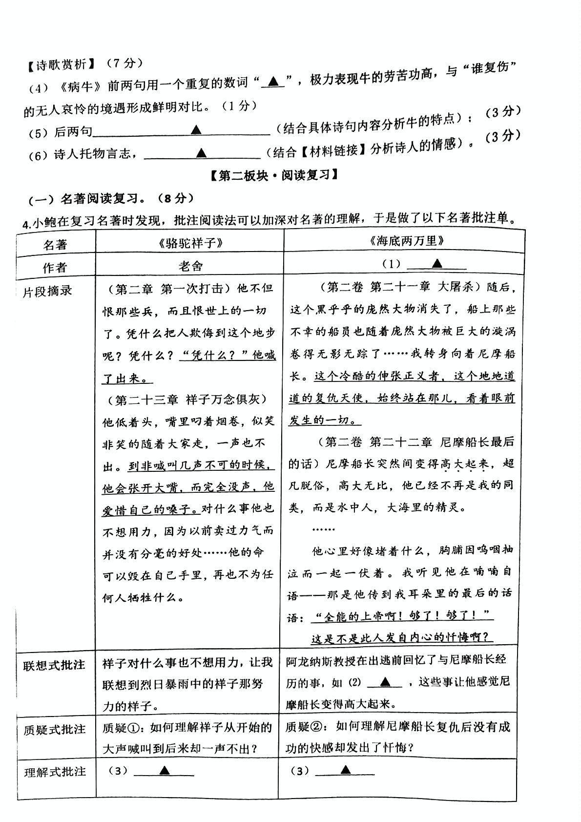 浙江省温州市瑞安市瑞安市莘塍镇第一中学2022-2023学年七年级下学期5月月考语文试题