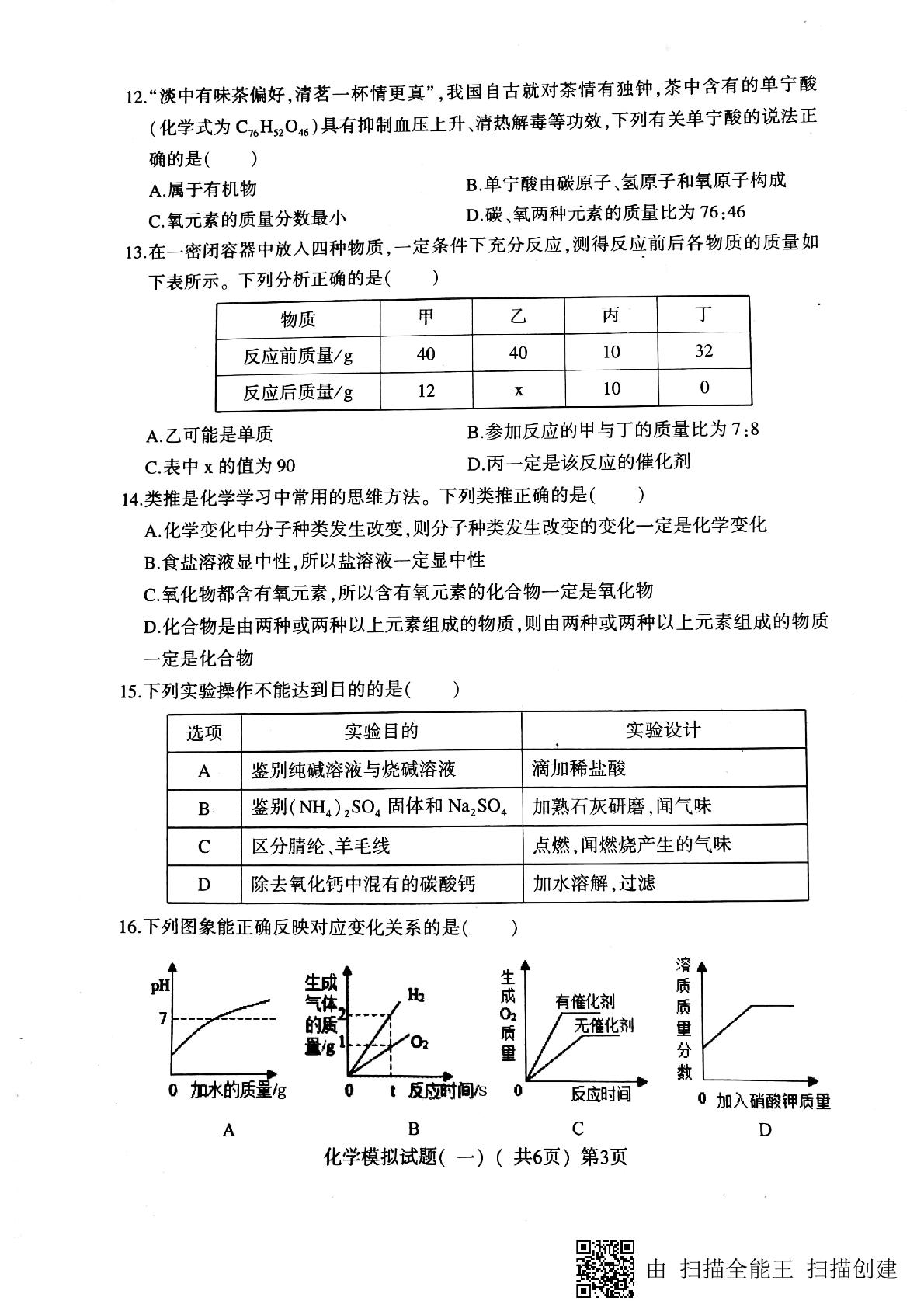 []山东省莘县2019届九年级第一次模拟考试化学试题（图片版）
