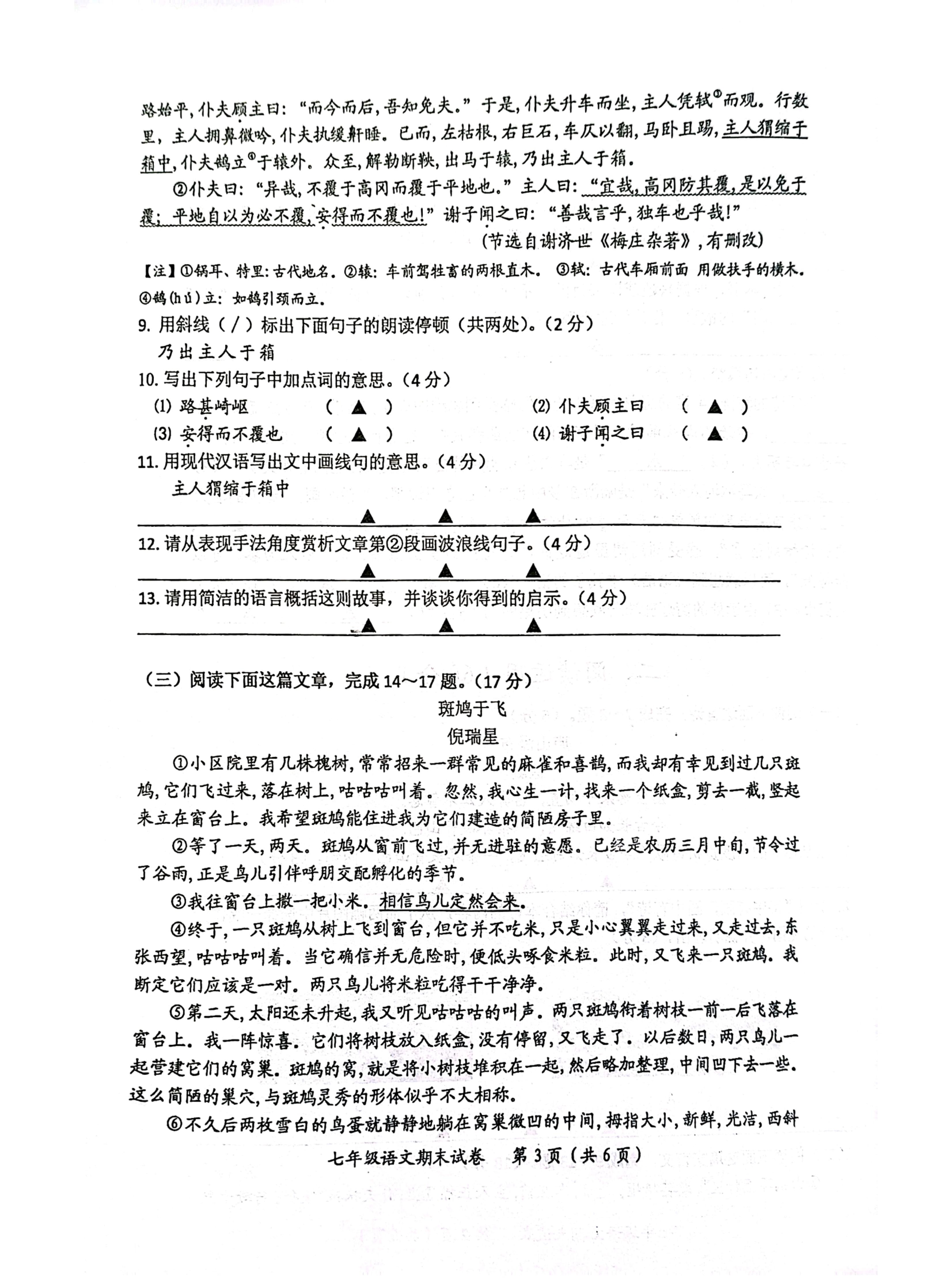江苏省启东市东南初级中学2023-2024学年七年级上学期12月月考语文试题