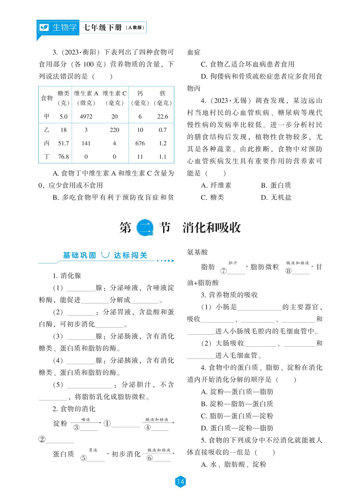 第二章 人体的营养-【新课程能力培养】2023-2024学年七年级下册初中生物同步练习（人教版）