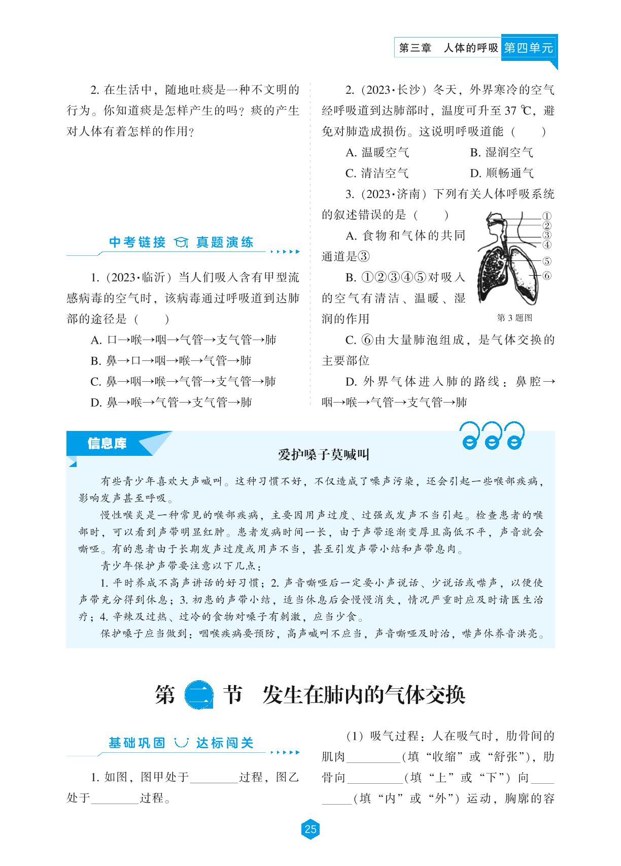 第三章 人体的呼吸-【新课程能力培养】2023-2024学年七年级下册初中生物同步练习（人教版）