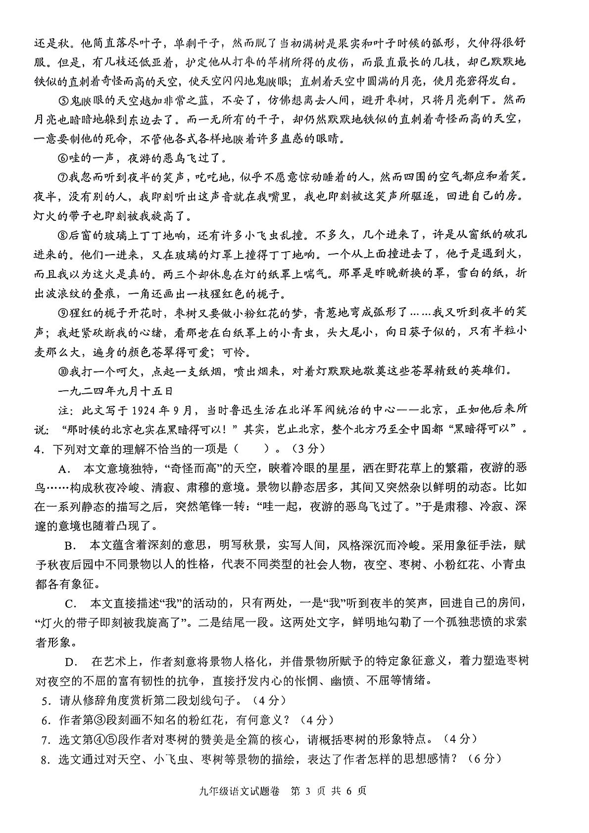 2024年安徽省无为第三中学中考一模语文试题