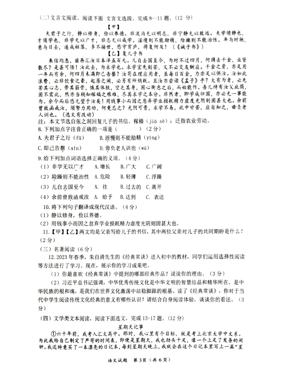 海南省省直辖县级行政单位临高县2023-2024学年九年级下学期5月期中语文试题