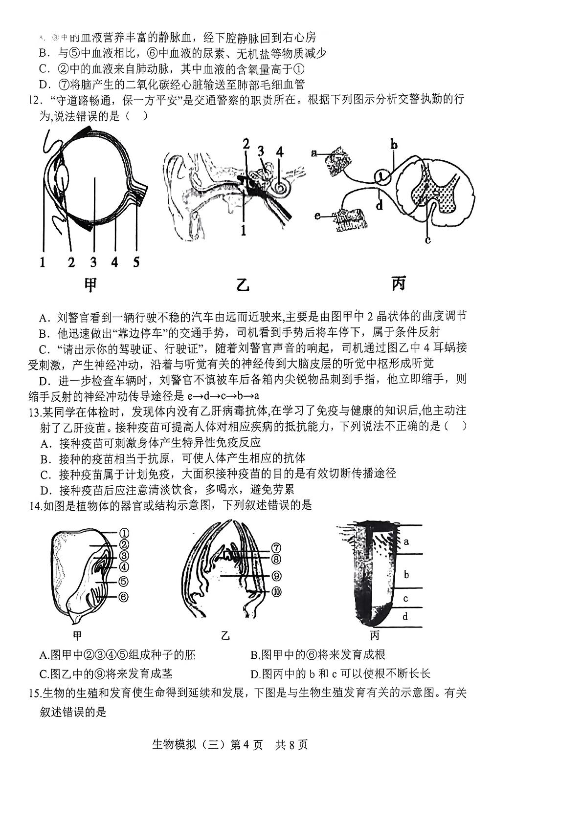 2024年山东省菏泽市郓城县中考三模考试生物试题