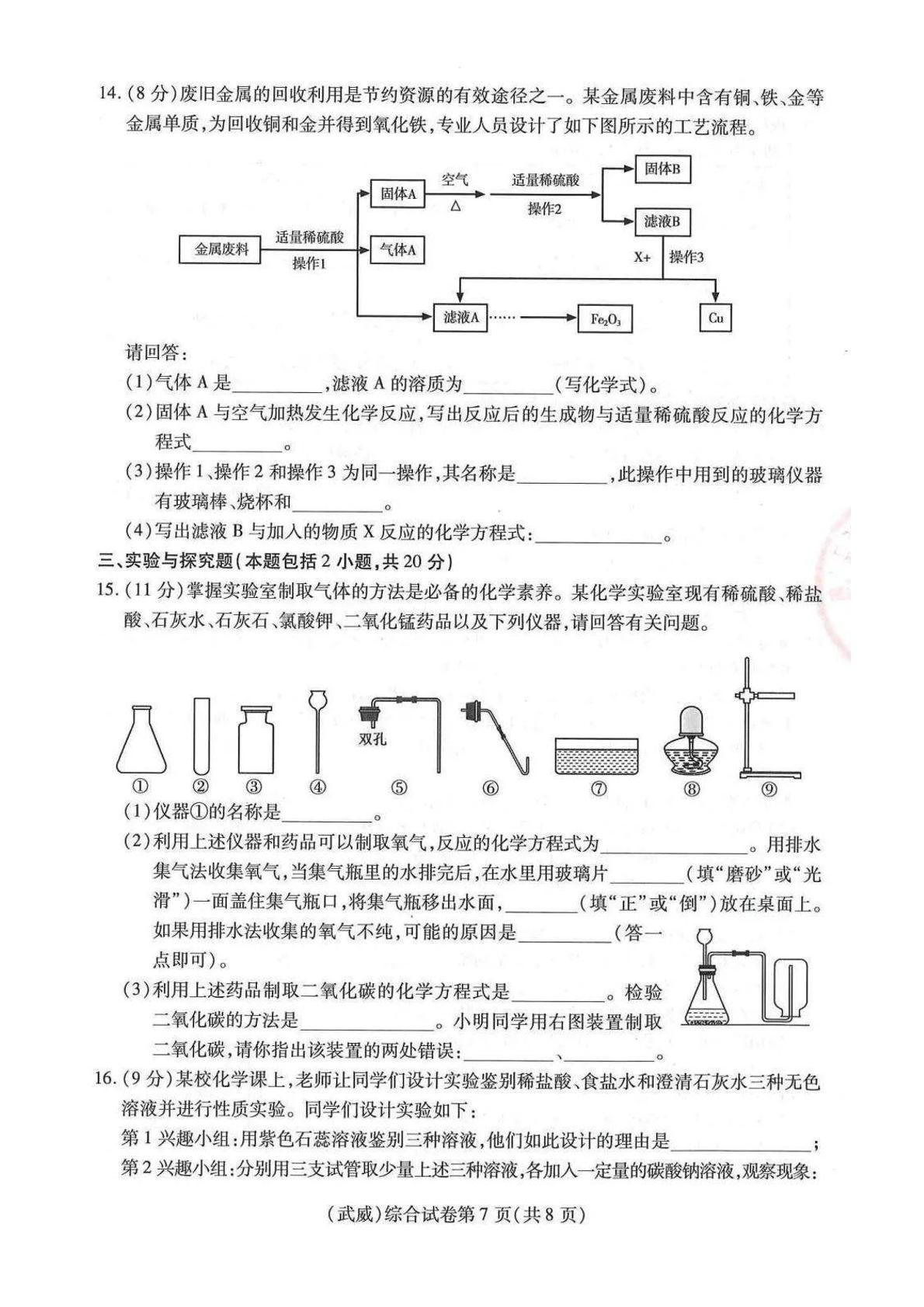 2024年甘肃省武威市、嘉峪关市、临夏州中考化学真题