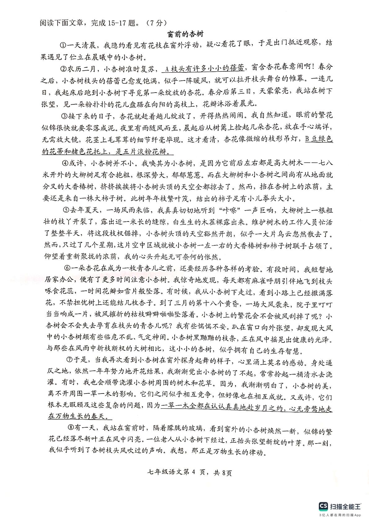 湖北省安陆市2023-2024学年七年级下学期期末质量检测语文试题