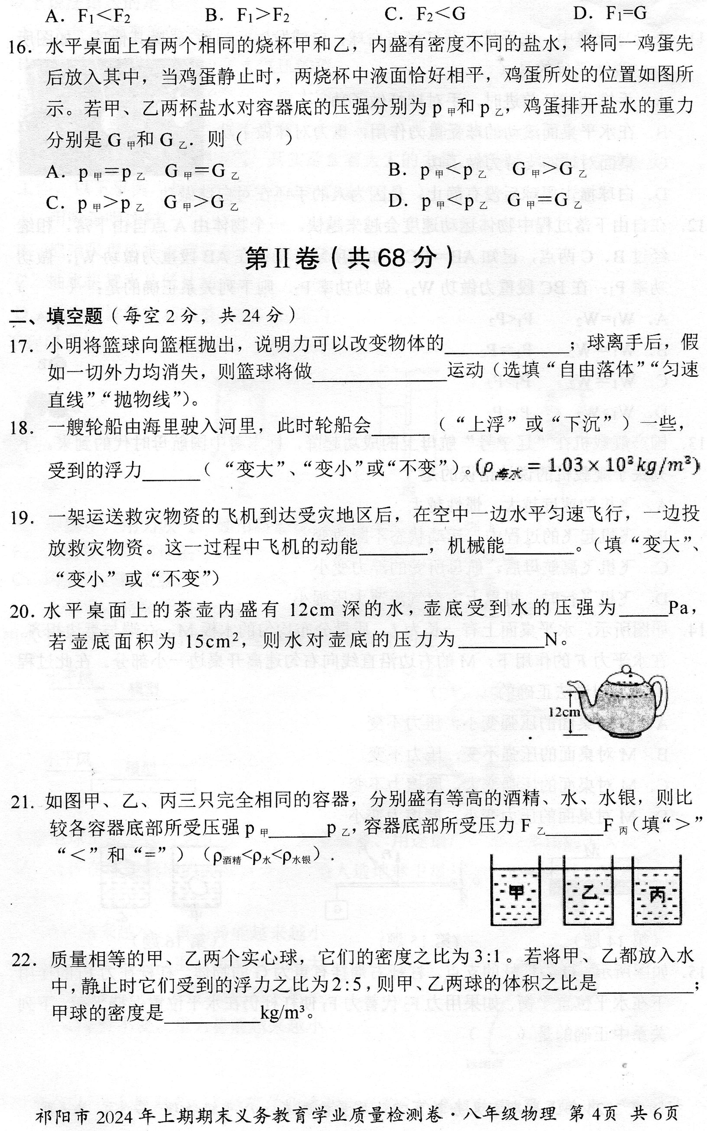 湖南省祁阳市2023-2024学年八年级下学期期末考试物理试题