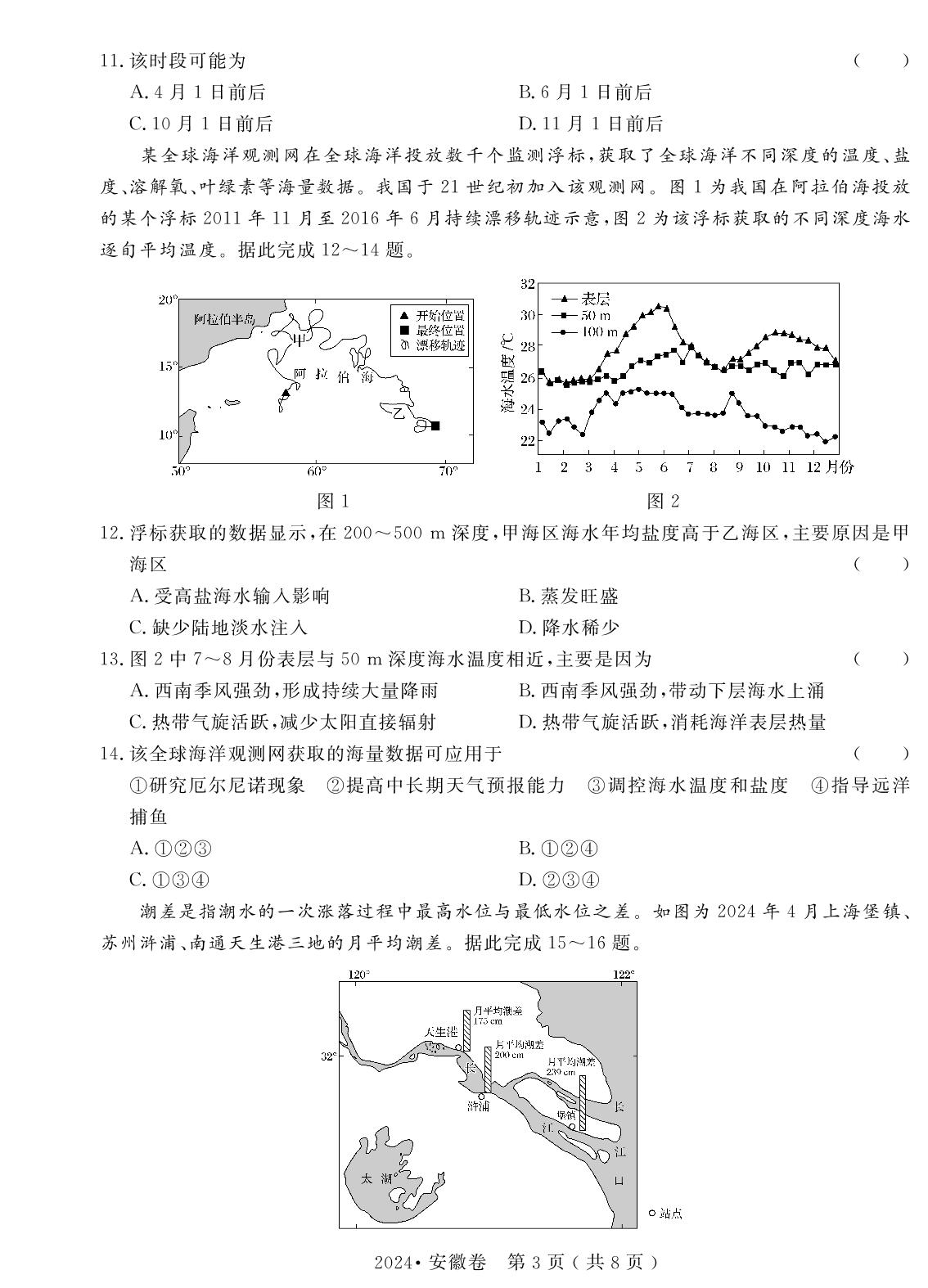 6.2024年普通高中学业水平选择性考试(安徽卷)（含答题卡）-【高考密码】2022-2024三年高考地理真题汇编试卷