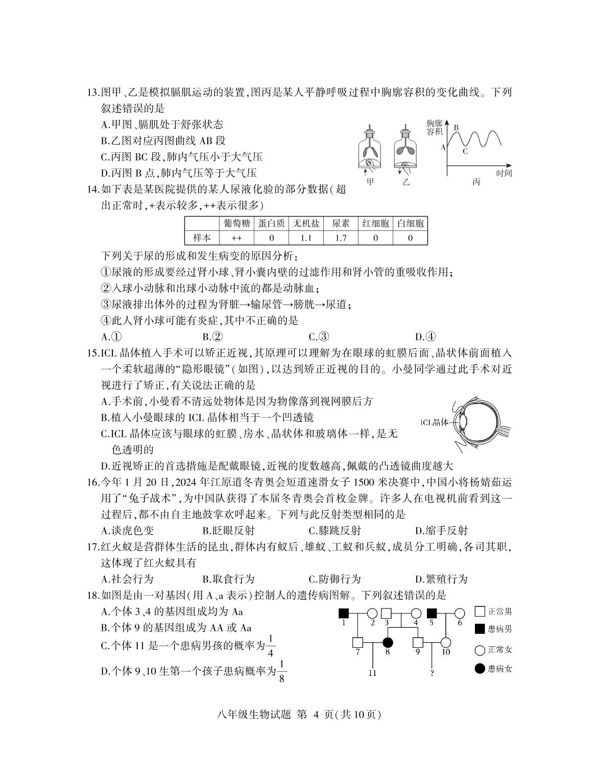 2024年山东省临沂市费县中考二模生物试题