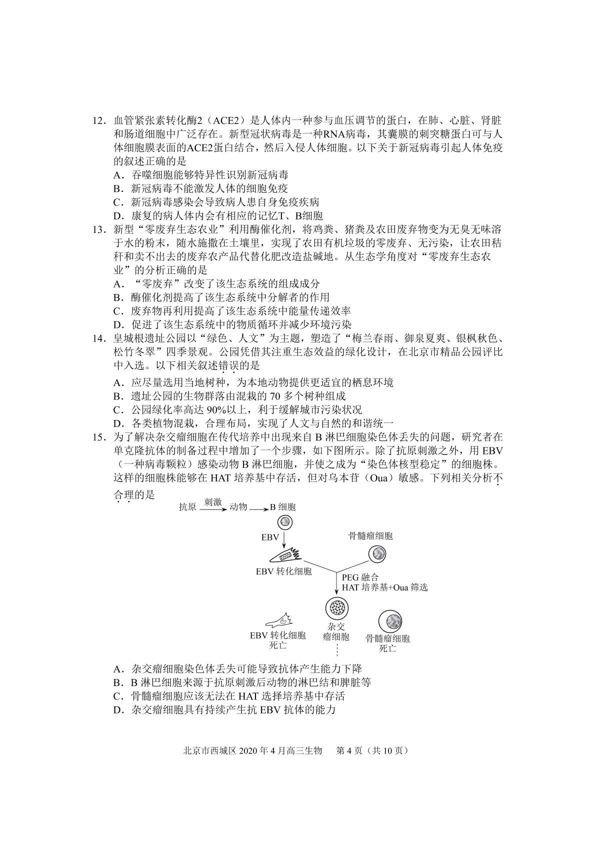 2020届北京西城区高三生物一模试卷（PDF无答案）