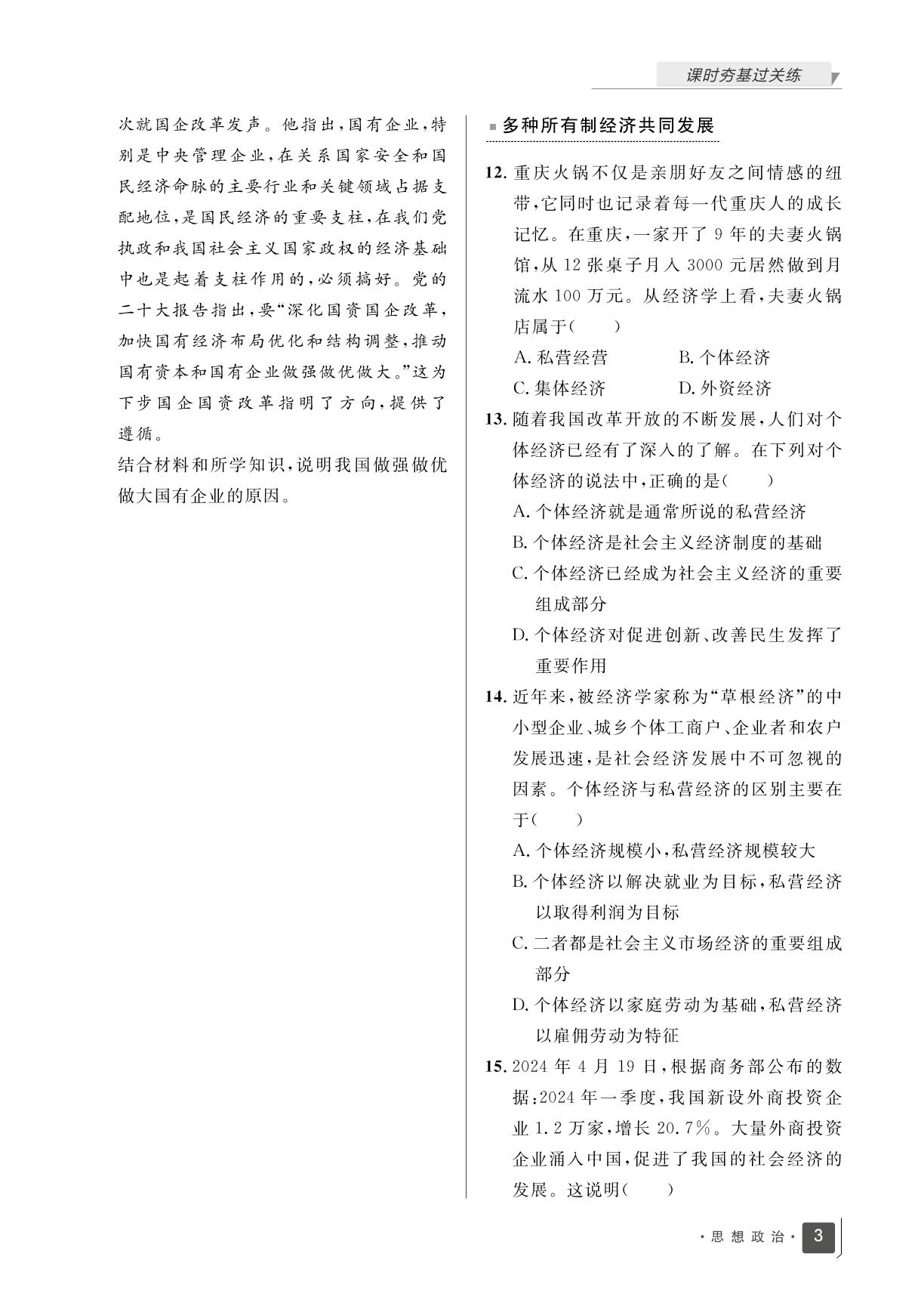 第一单元 第一课 课时训练1 公有制为主体 多种所有制经济共同发展-【志鸿优化训练】2024-2025学年新教材高中思想政治必修2 经济与社会（统编版2019）