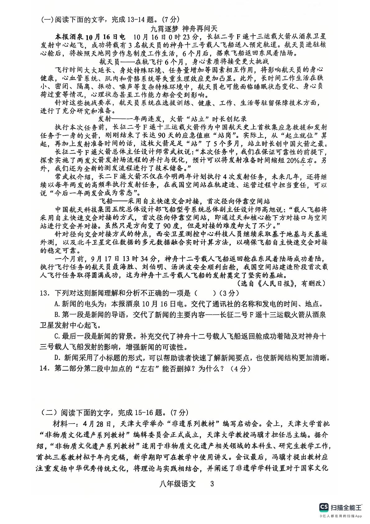 江西省景德镇市乐平市2024-2025学年八年级上学期11月期中语文试题