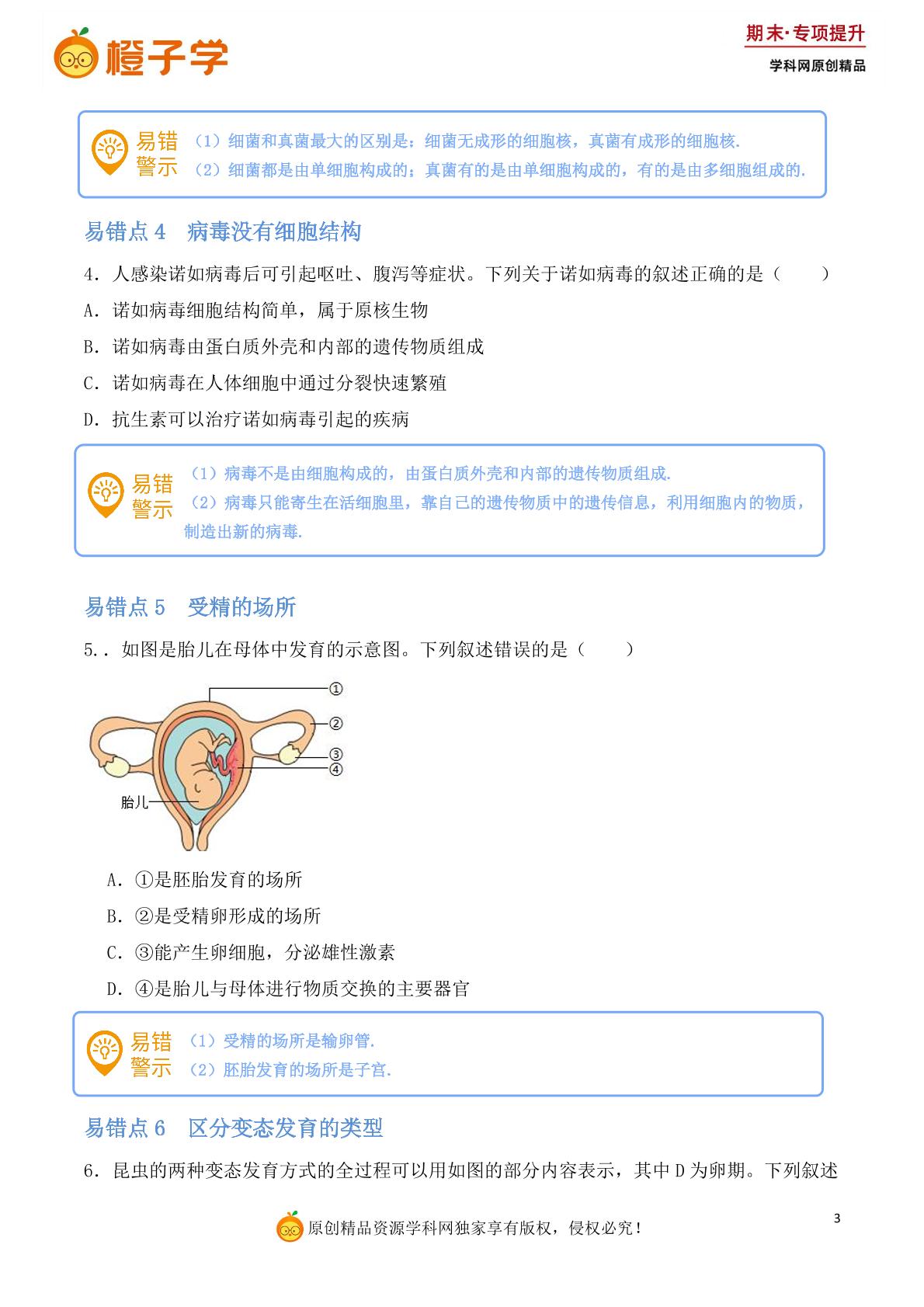 专项2 易错易混集训-北师大版八年级上册期末专项（初中生物）