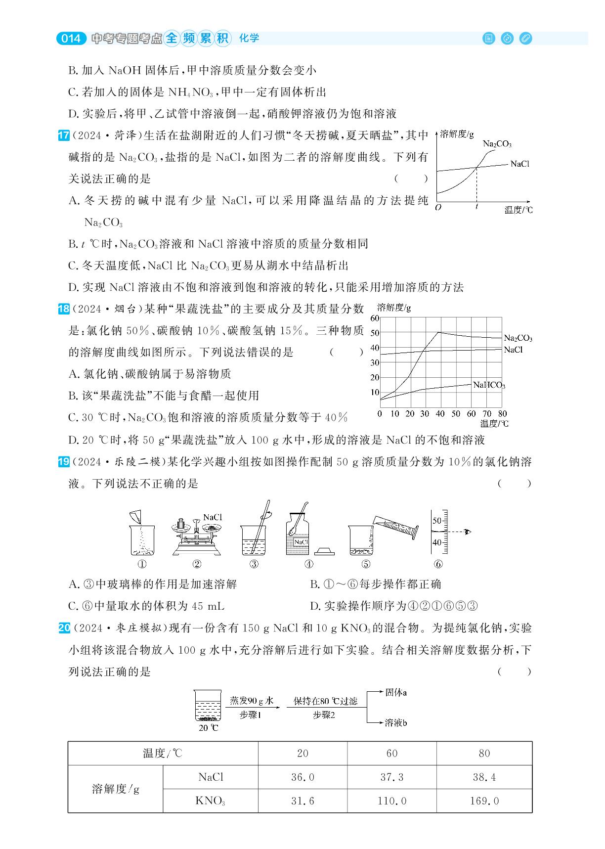 中考综合滚动练(二)水和溶液综合训练-【全频累积】2024年中考化学考点全频累积高效训练典册（山东专用）