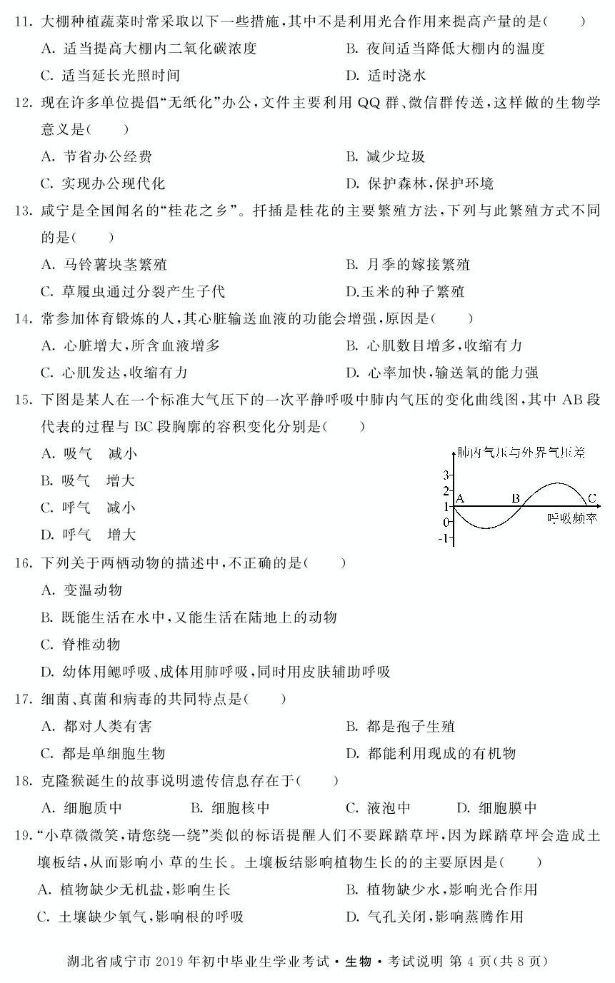 2019年湖北省咸宁市中考生物学科考试说明与样题（pdf版）