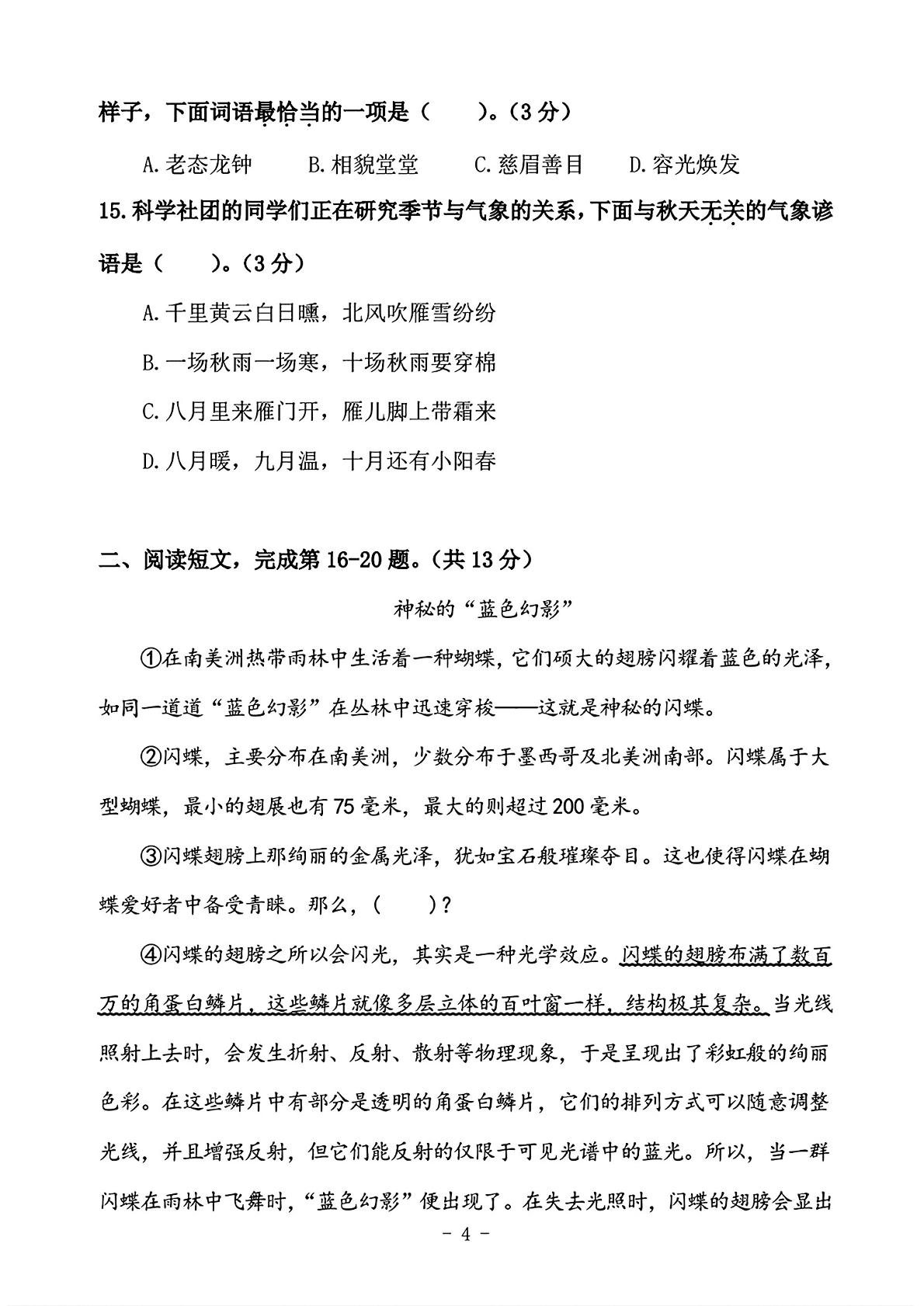 北京市朝阳区2024-2025学年四年级上学期期末考试语文试题