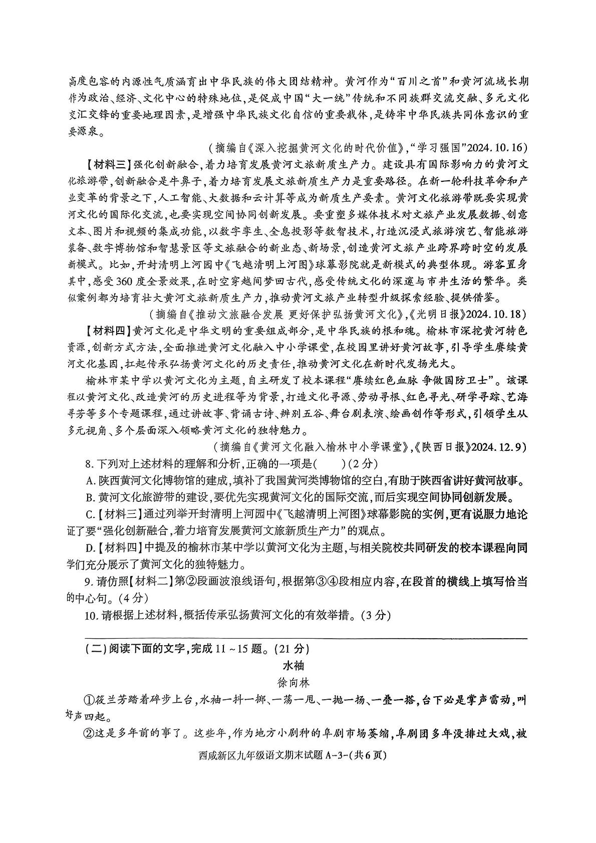 陕西省西安市西咸新区2024—2025学年九年级上学期期末考试语文试题