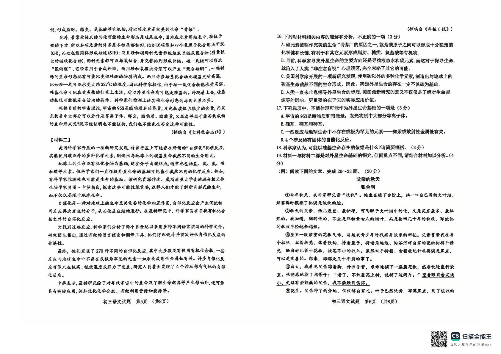 山东省淄博市高新区2024-2025学年八年级上学期1月期末语文（五四学制）试题