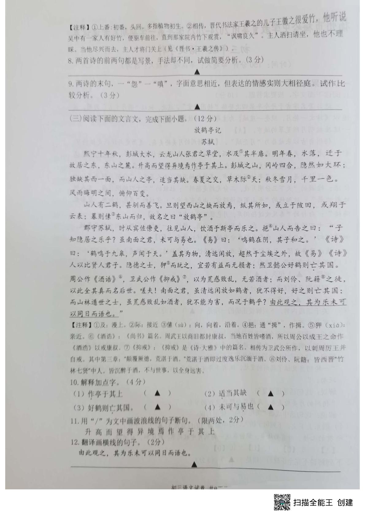 江苏省扬州市梅岭教育集团2024-2025学年九年级上学期1月期末语文试题