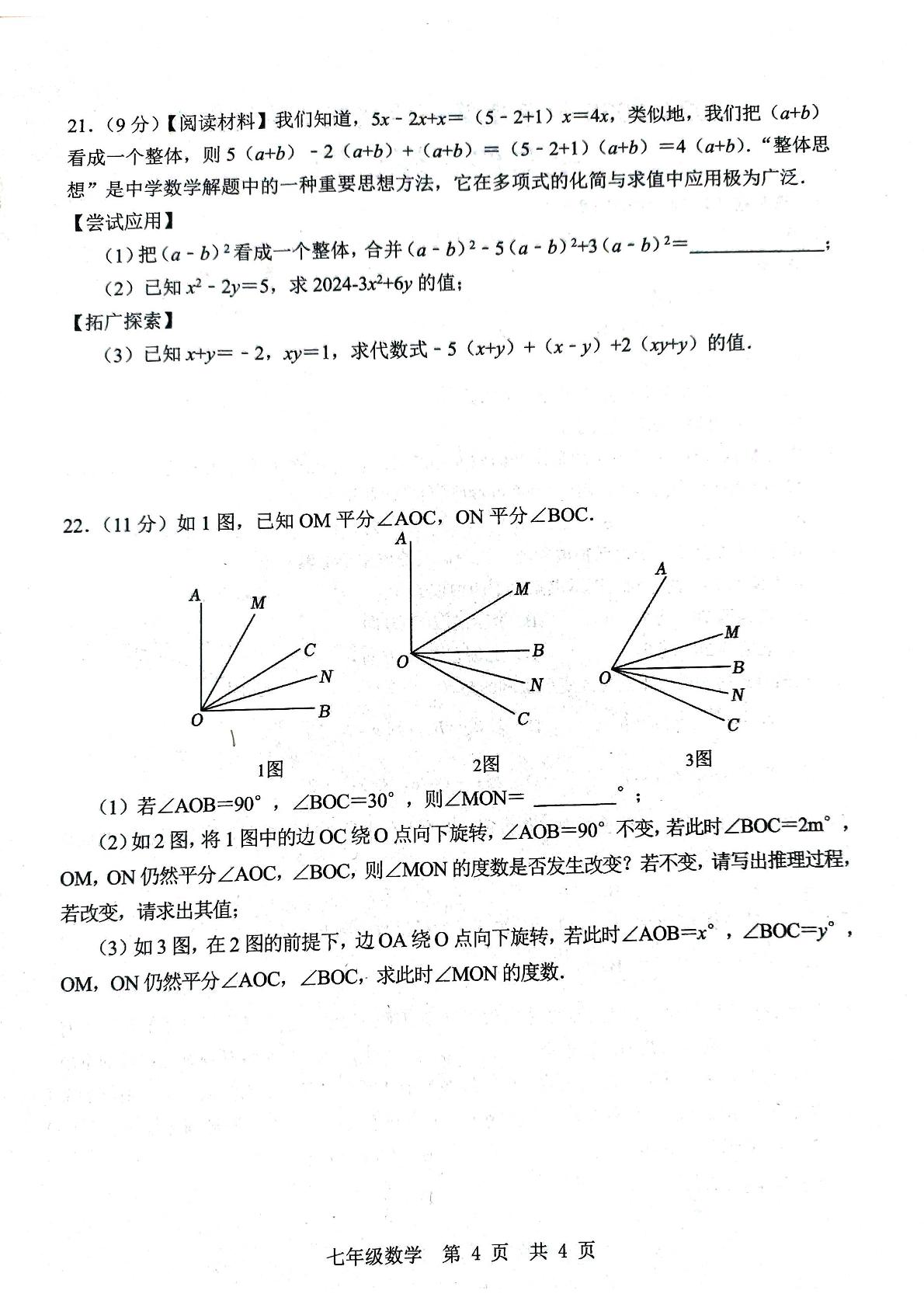 山东省济宁市金乡县2024-2025学年七年级上学期期末考试数学试题