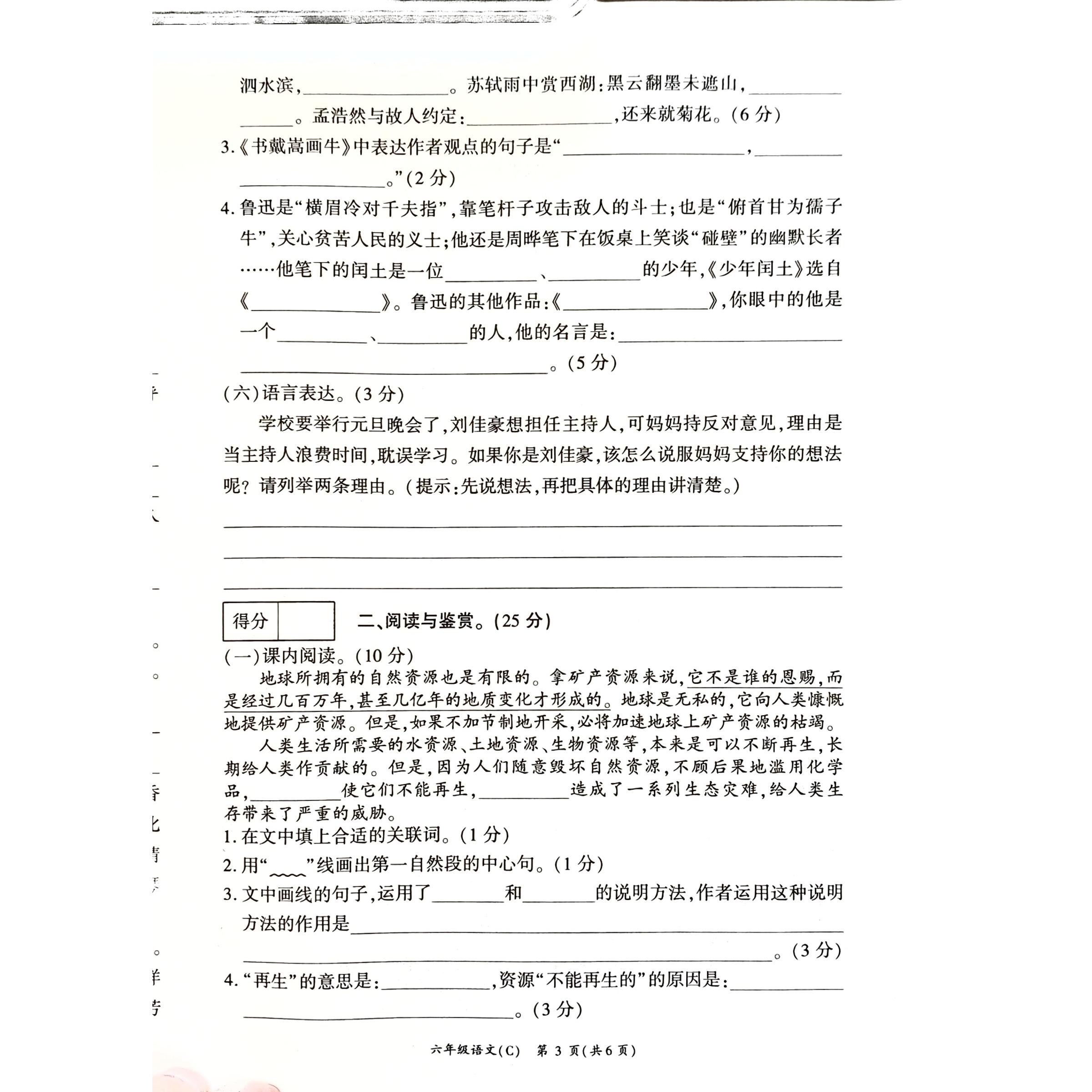 河南省商丘市虞城县2024-2025学年六年级上学期1月期末语文试题