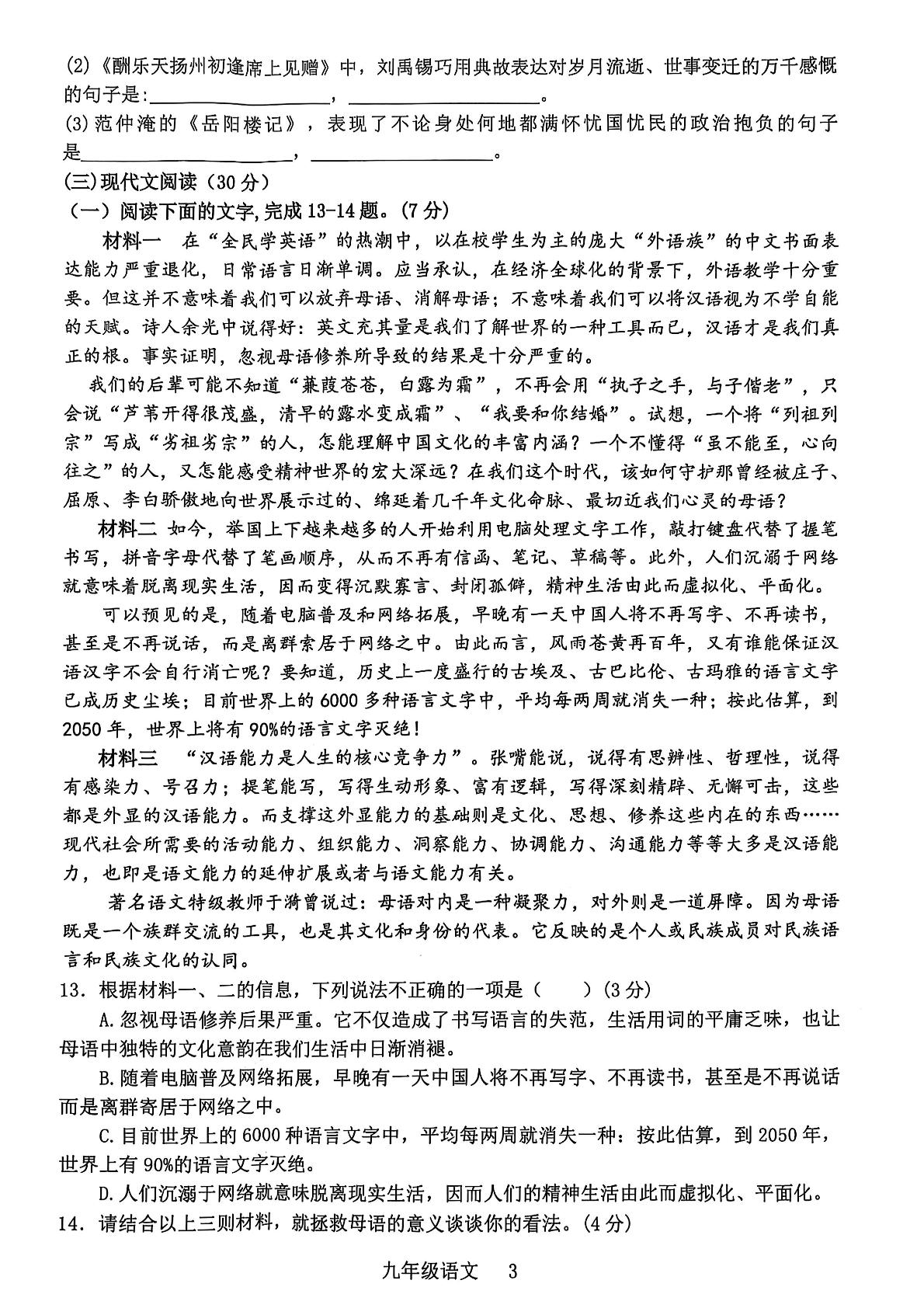 江西省景德镇市乐平市2024-2025学年九年级上学期1月期末语文试题