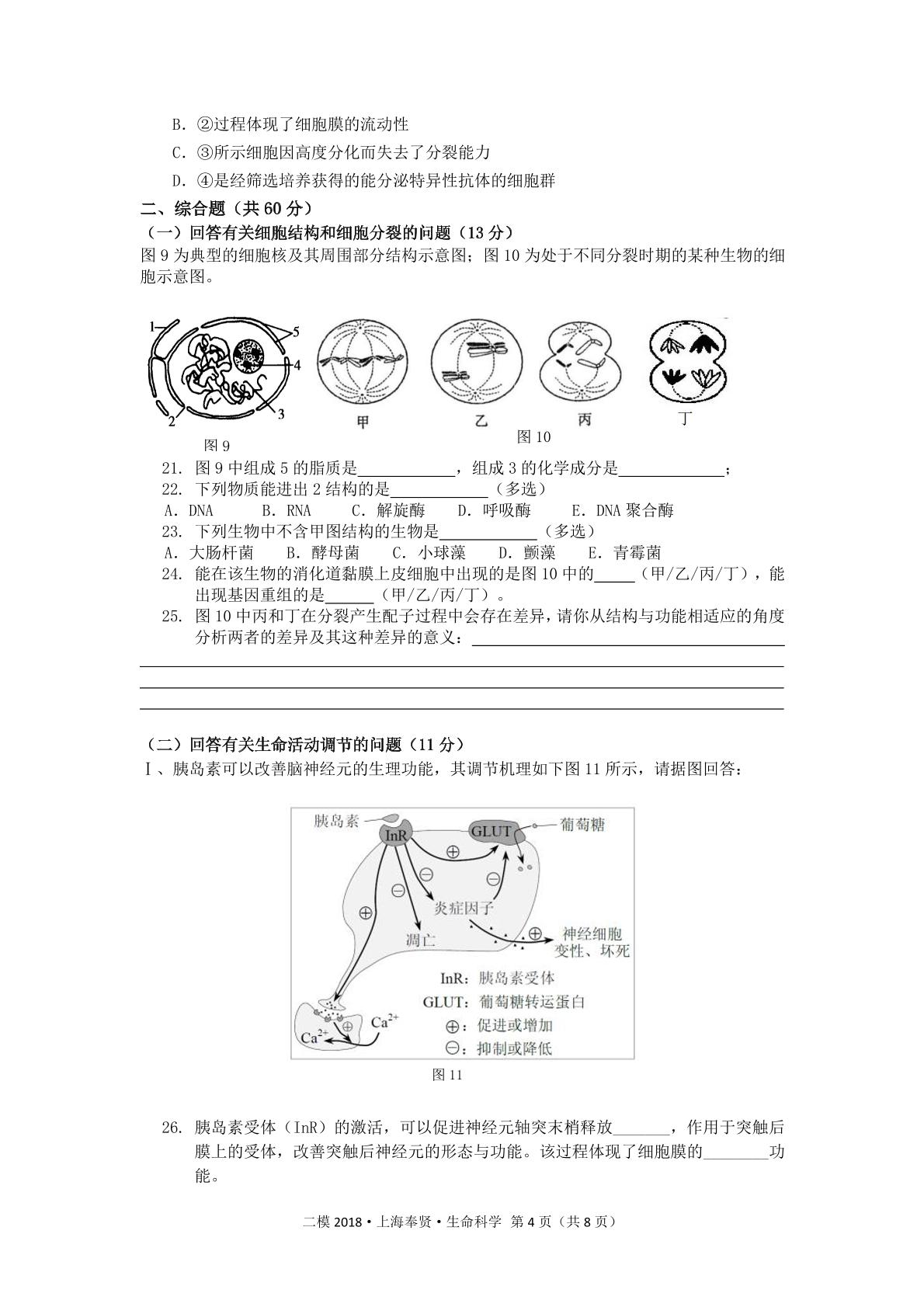 上海市奉贤区2018届高三二模生物试卷（pdf版）