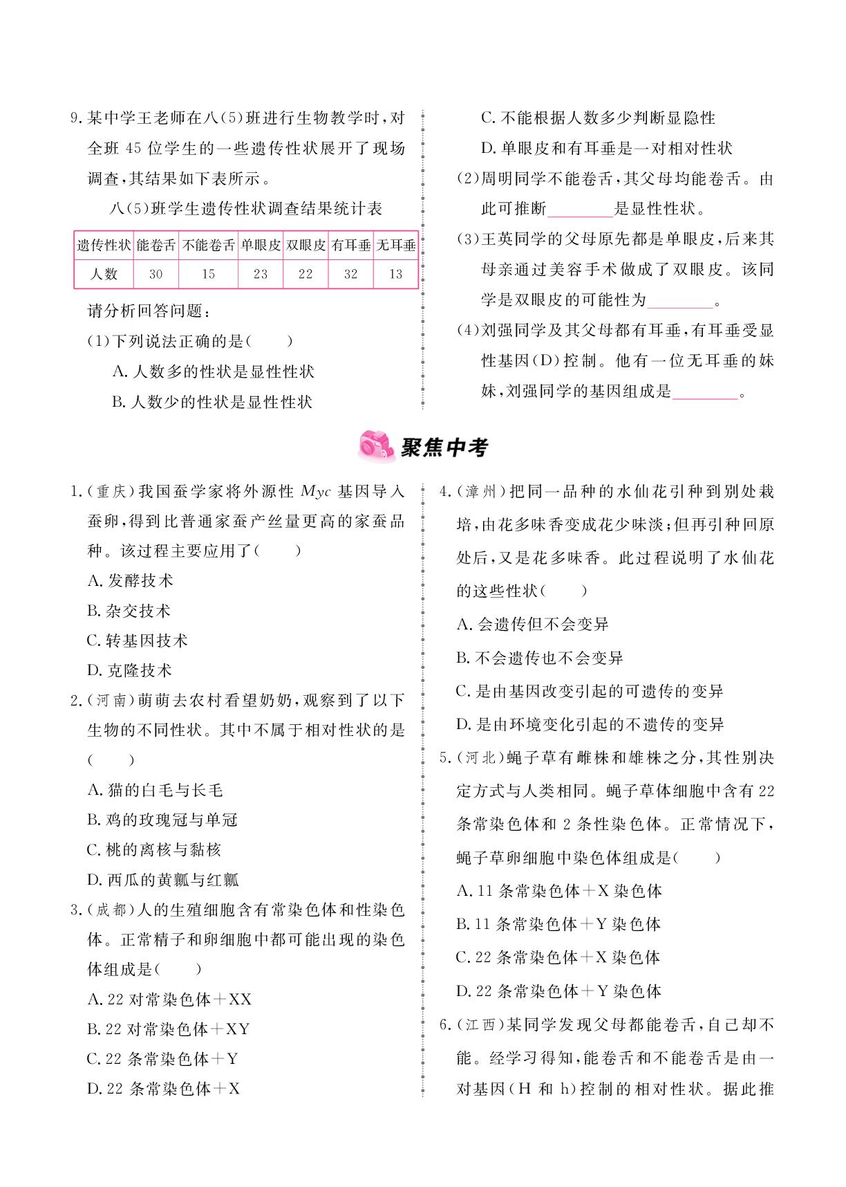 第7单元 第2章 基因控制生物的性状 复习课-2024-2025学年八年级下册生物同步辅导（人教版）