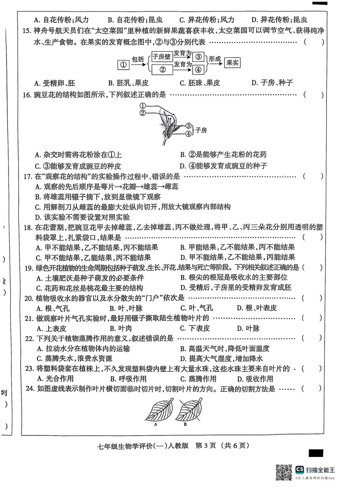 河北省沧州市献县部分学校联考2024-2025学年七年级下学期3月月考生物试题